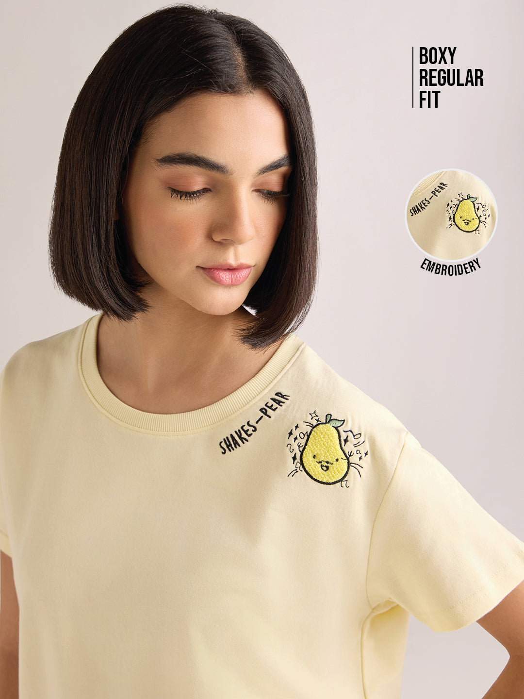 Womens Embroidery Boxy Regular Fit French Terry Cotton Tshirt