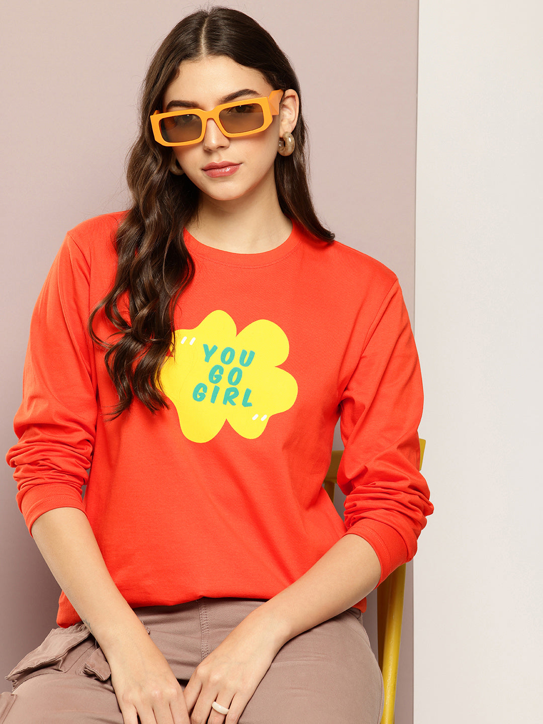 Womens Full Sleeve Round Neck Printed Oversized Fit Tshirts