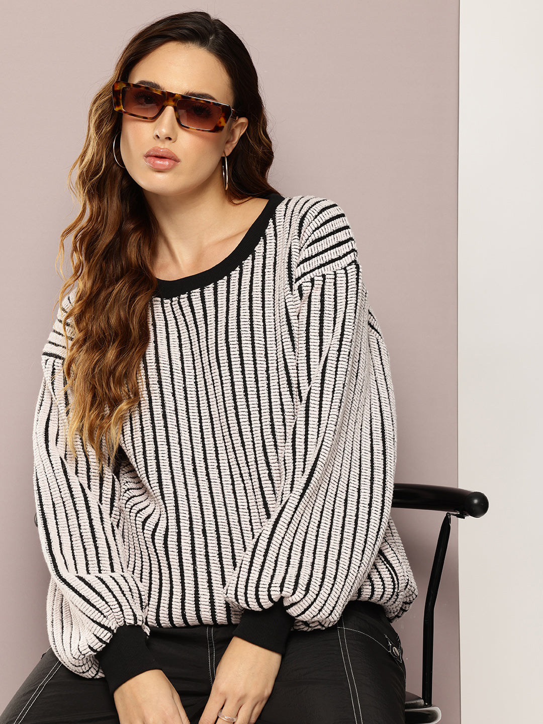 Women Long Sleeve Oversized Striped Sweatshirt