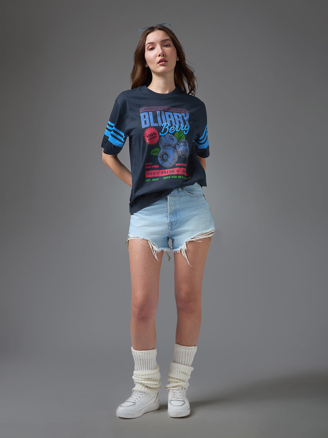Womens Printed Round Neck Oversized Fit Tshirt