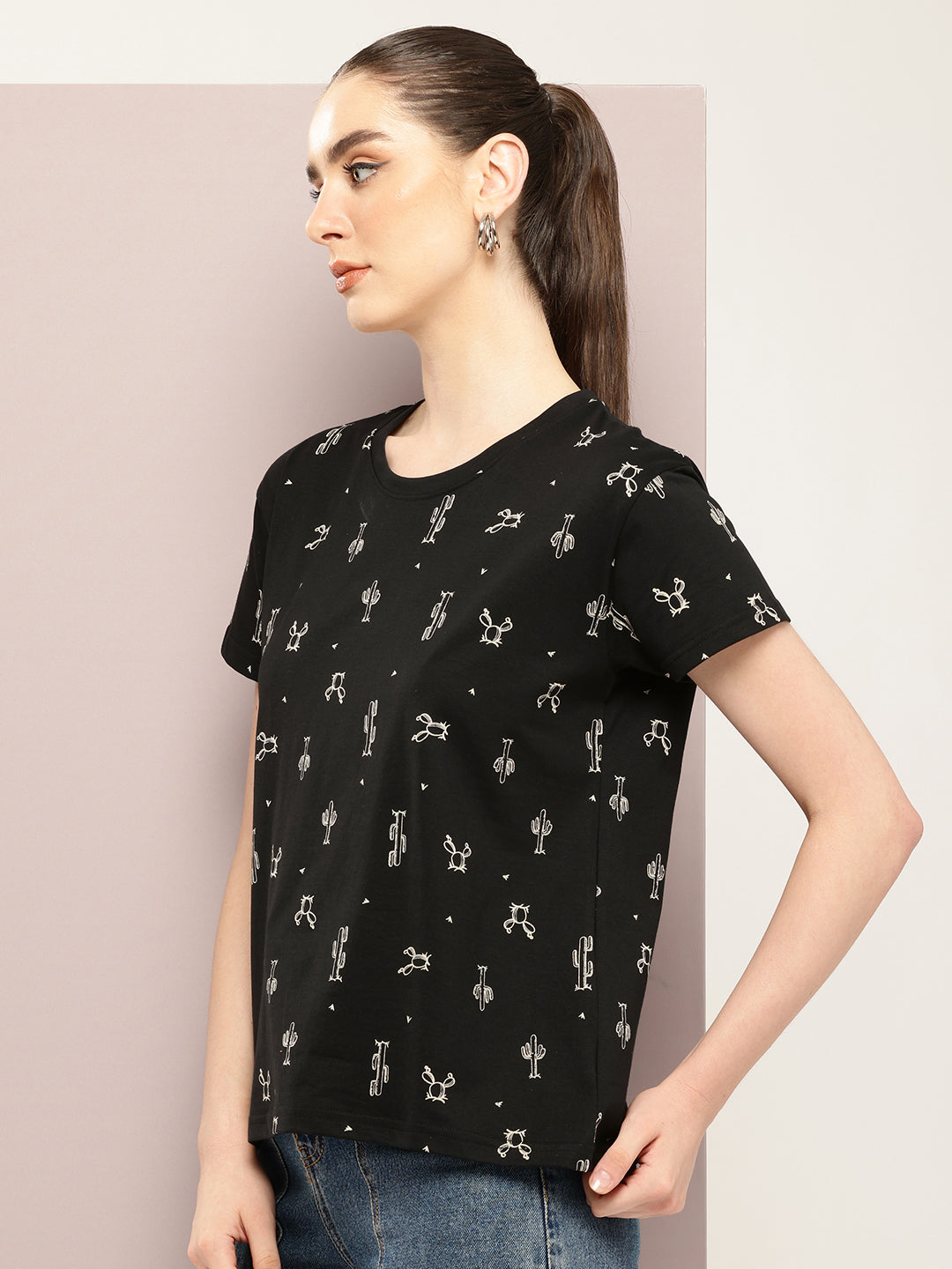 Womens Half Sleeve Round Neck All-Over Printed Boxy Fit Tshirts