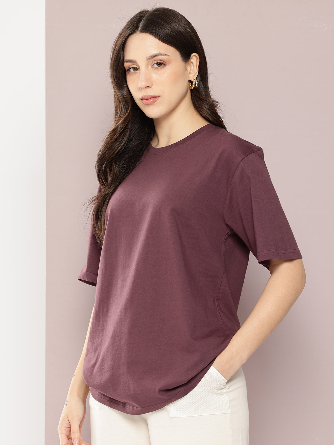 Womens Half Sleeve Round Neck Solid Oversized Fit Tshirts