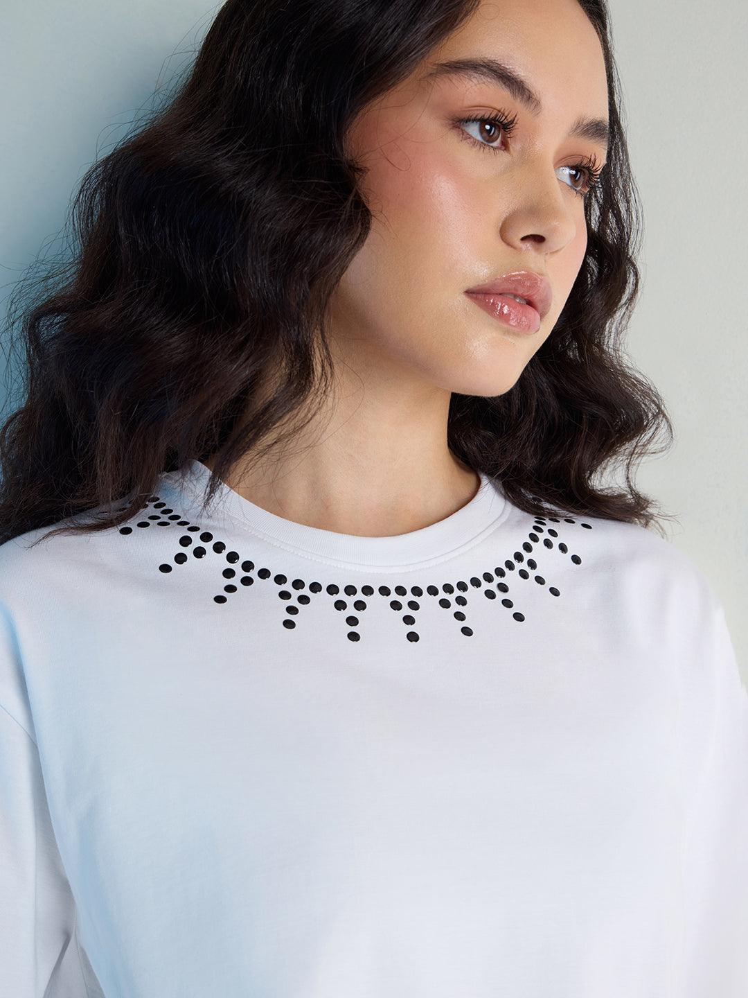 Womens Stud Detailed Oversized Round Neck Tshirt 
