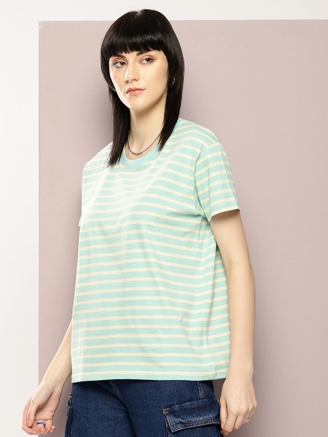 Womens Half Sleeve Round Neck Striped Boxy Fit Tshirts