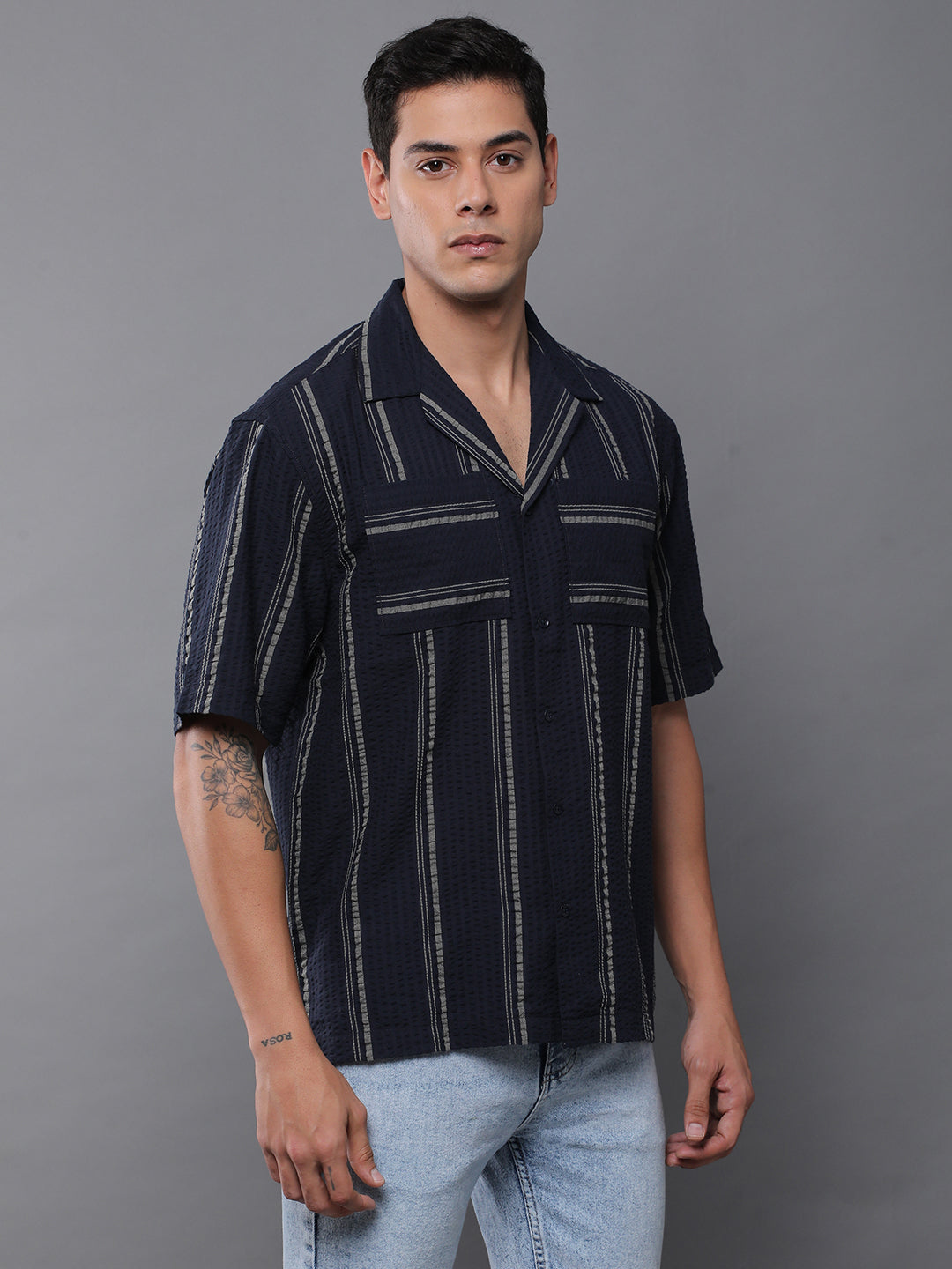 Men Striped Half Sleeve Casual Shirt With Pocket