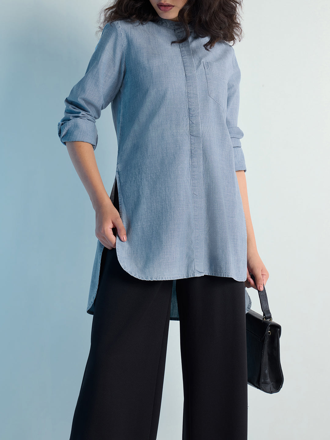 Womens Solid Oxy Bleached Boxy Regular Mandarin Collar Neck Denim Shirt