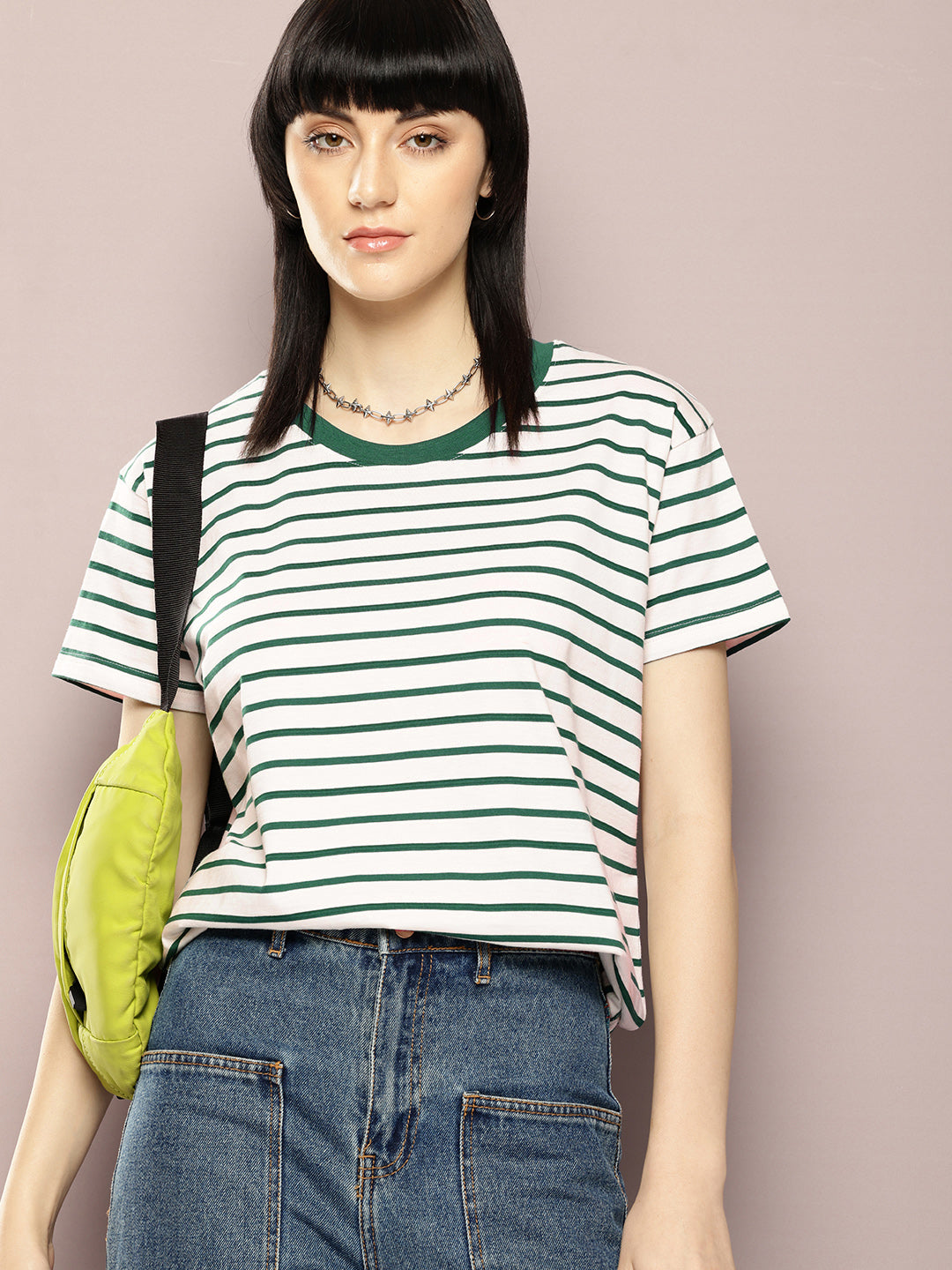 Womens Half Sleeve Round Neck Striped Boxy Fit Tshirts