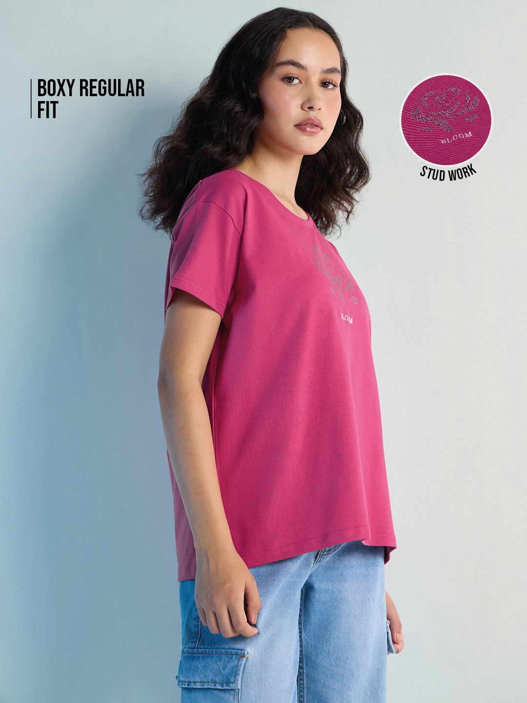 Womens Stud Detailed Boxy Regular Round Neck Tshirt 