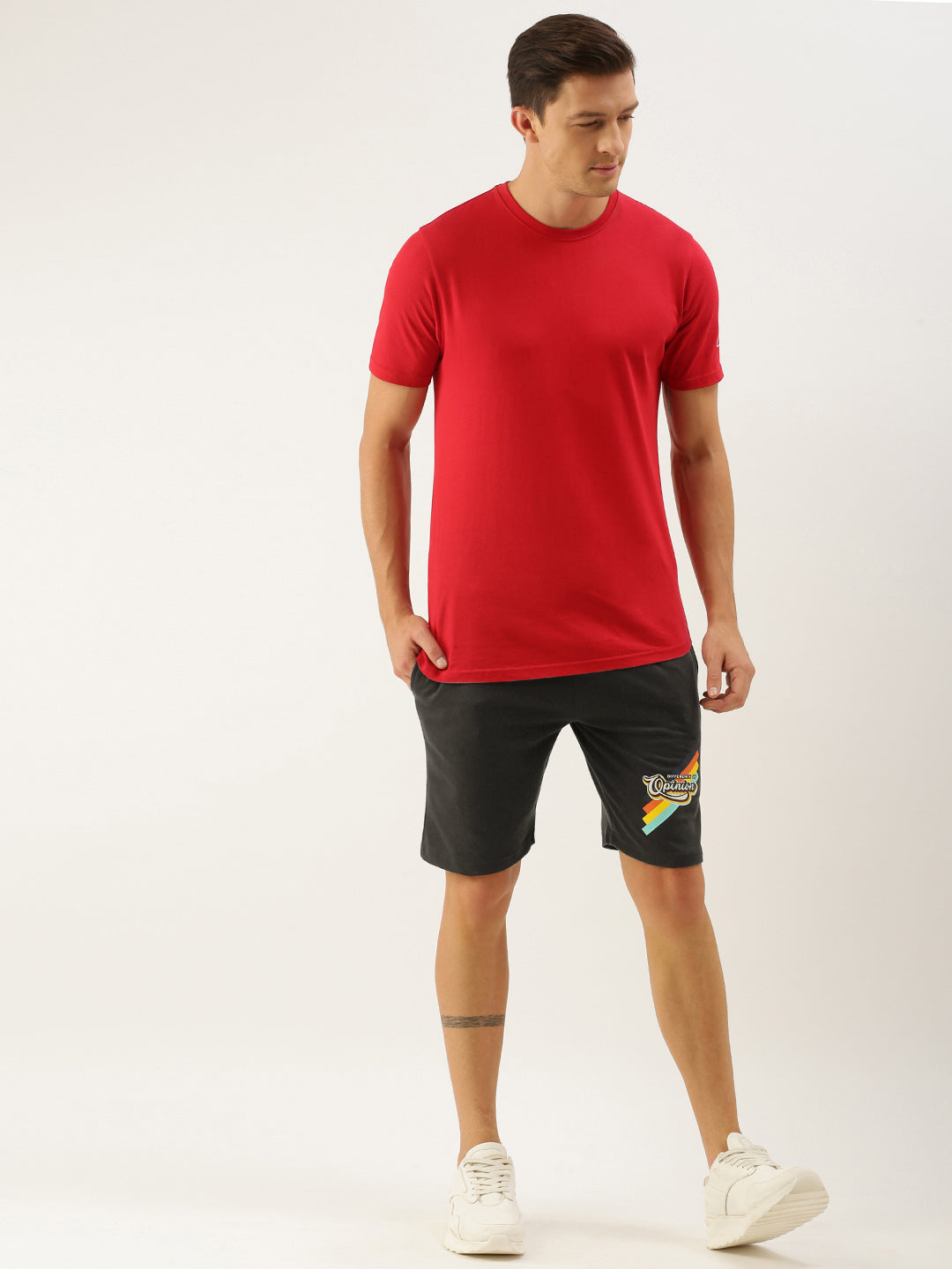 Men Charcoal Grey Typography Printed Mid-Rise Regular Shorts