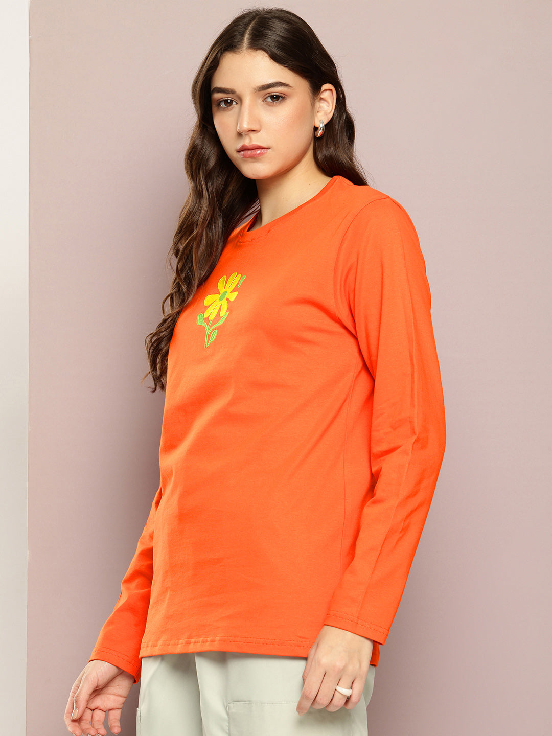 Womens Full Sleeve Round Neck Printed Oversized Fit Tshirts