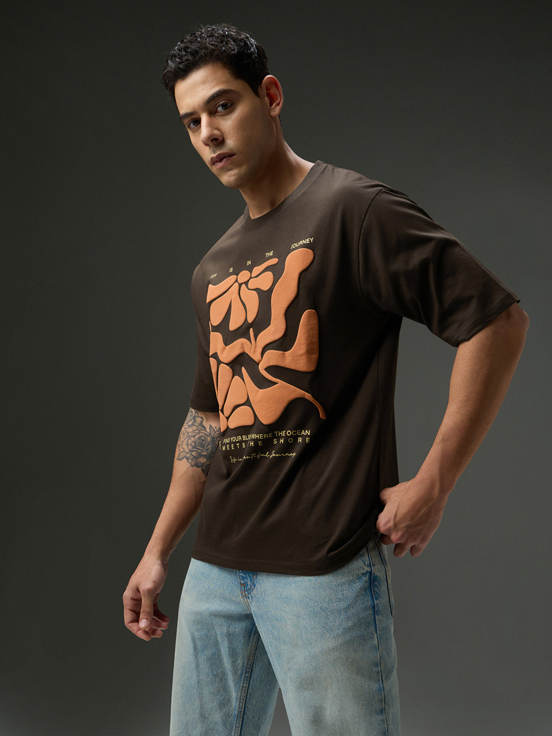 Mens Round Neck Half Sleeve Puff Printed Oversized Fit Tshirt