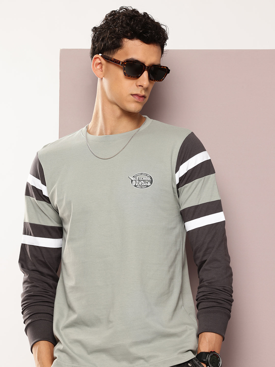 Mens Full Sleeve Round Neck Colourblocked Regular Fit Tshirts