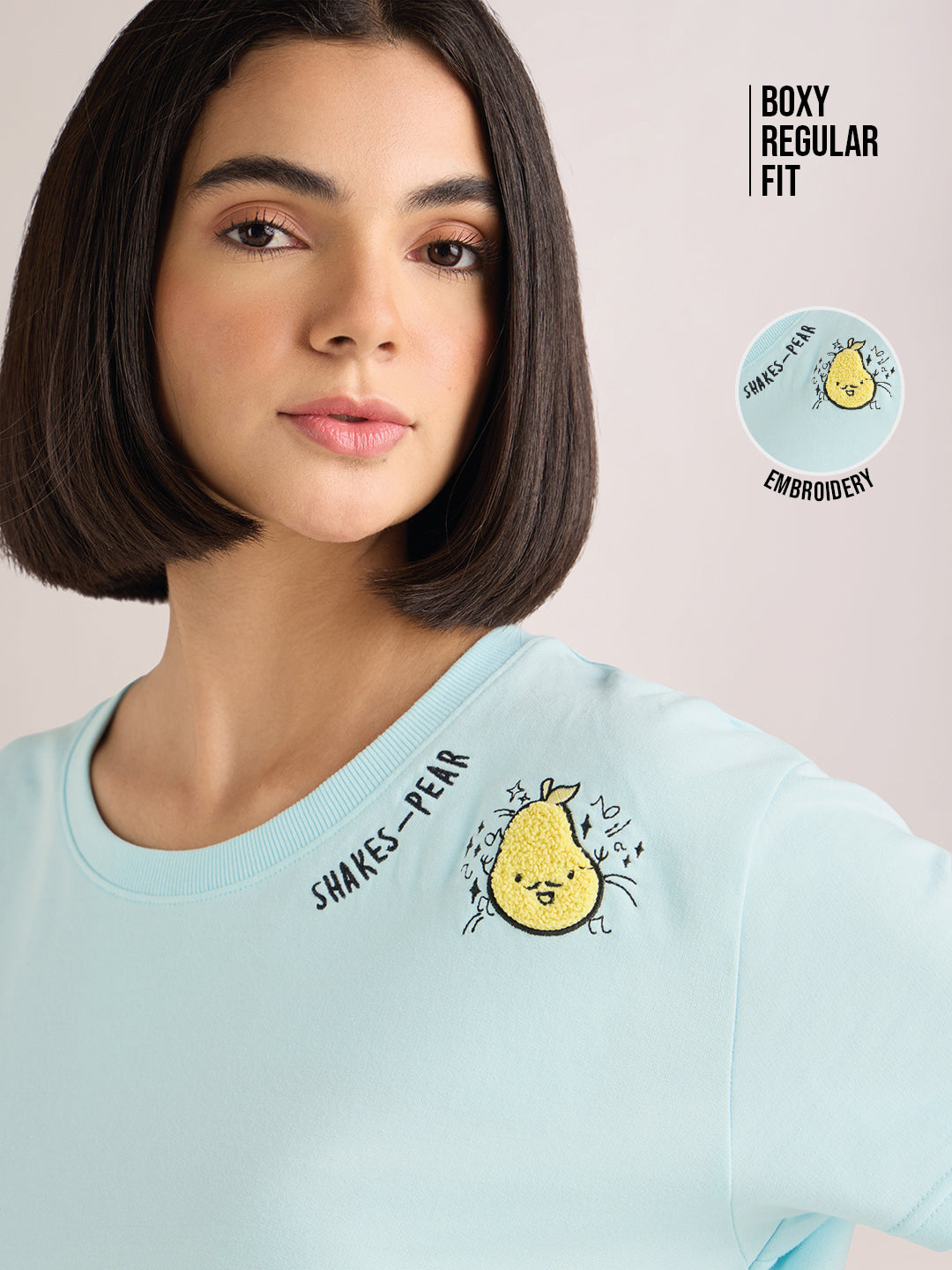 Womens Embroidery Boxy Regular Fit French Terry Cotton Tshirt