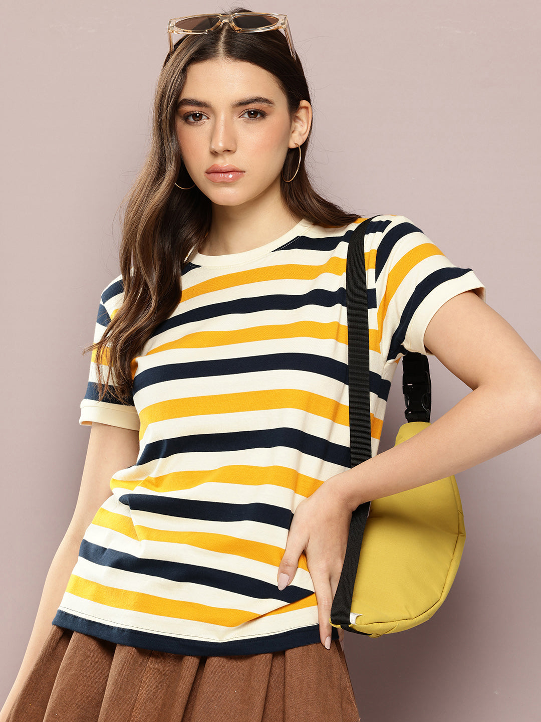 Womens Half Sleeve Round Neck All-Over Striped Regular Fit Tshirts