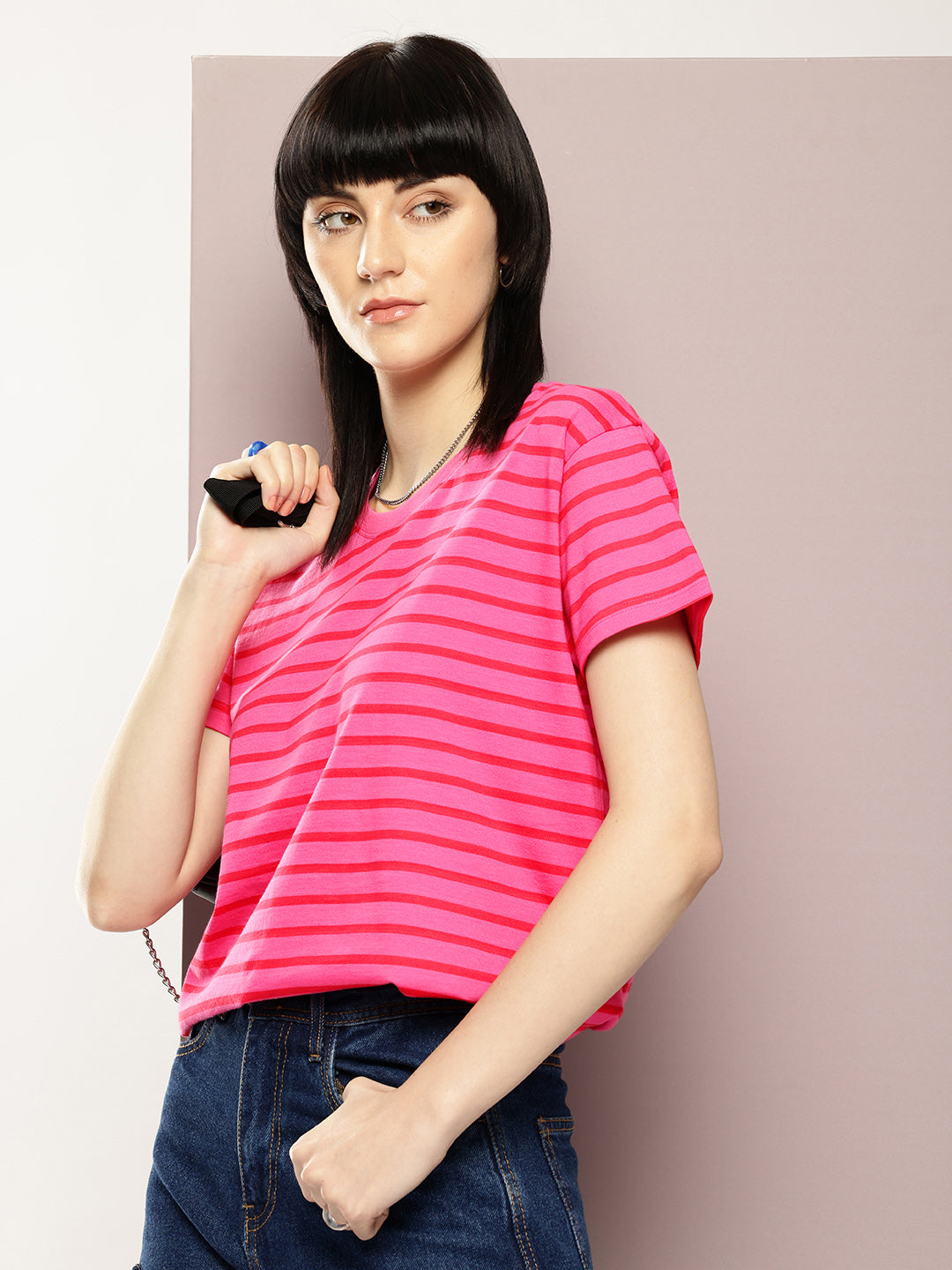 Womens Half Sleeve Round Neck Striped Boxy Fit Tshirts