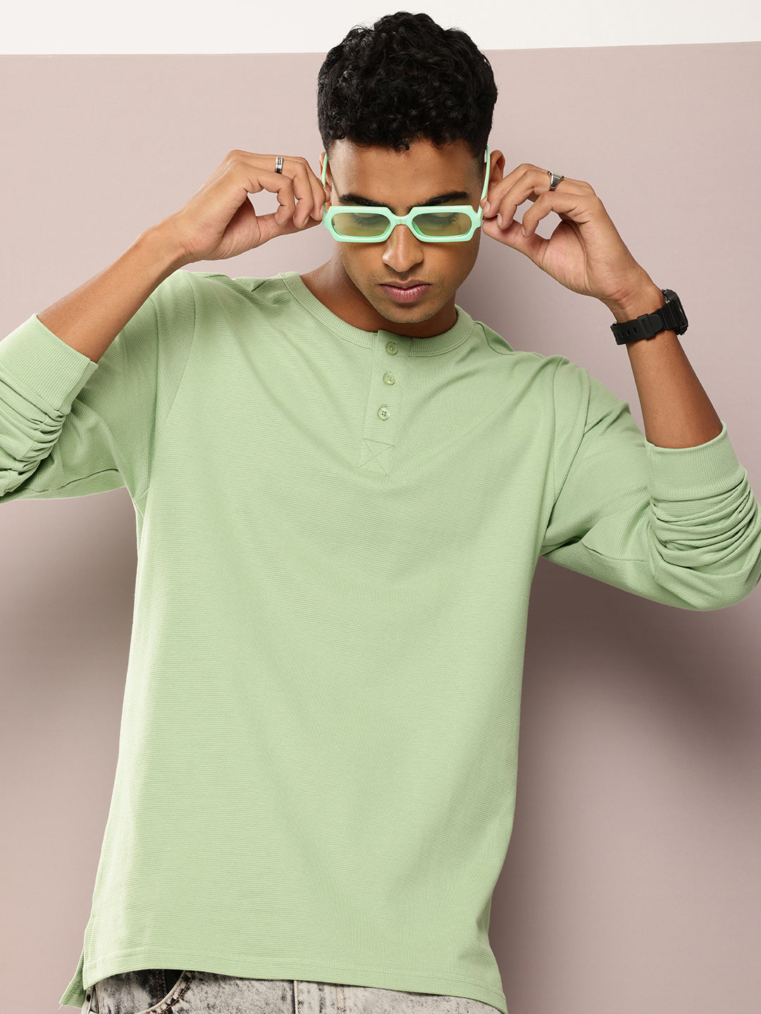 Mens Full Sleeve Henley Neck Solid Regular Fit Tshirts