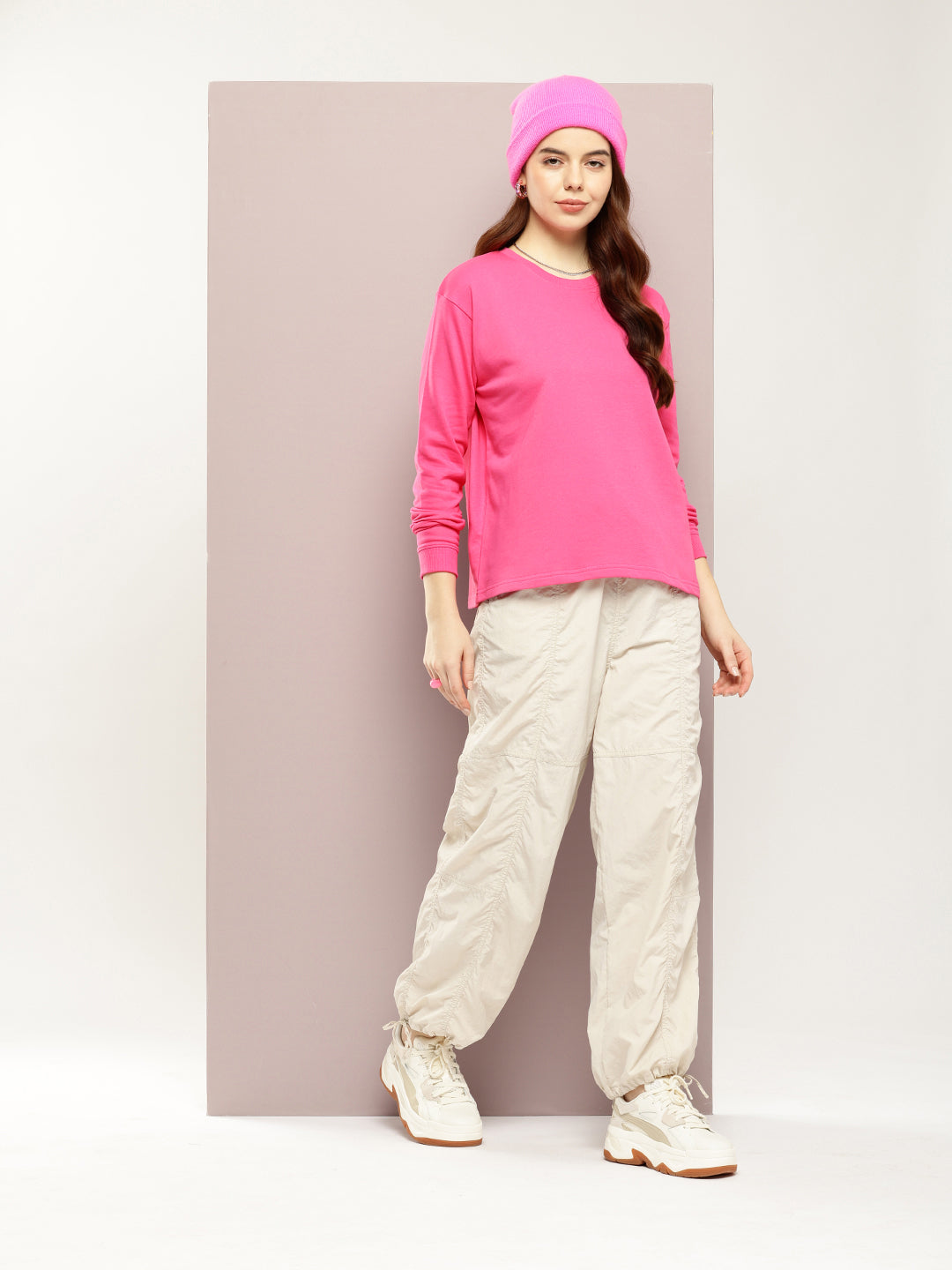 Womens Full Sleeve Round Neck Solid Boxy Fit Tshirts