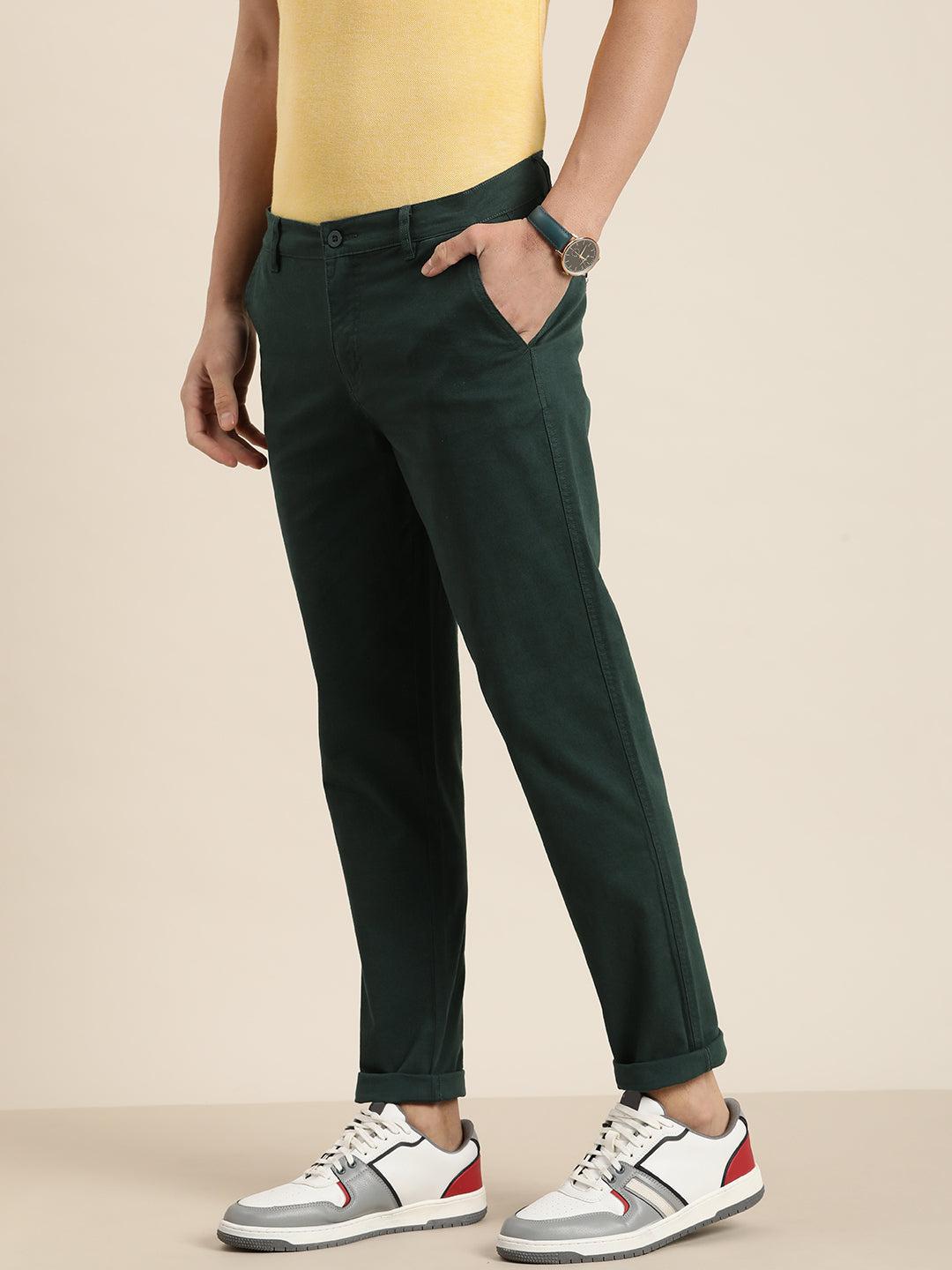 Men Solid Ankle-Length Chinos Trousers