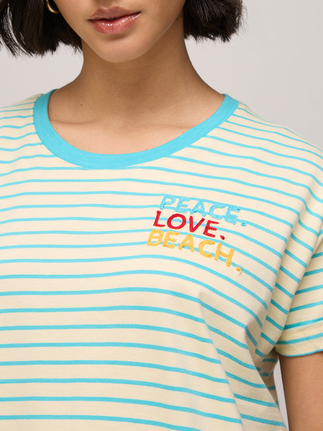 Womens Striped Boxy Regular Fit Cotton T-Shirt