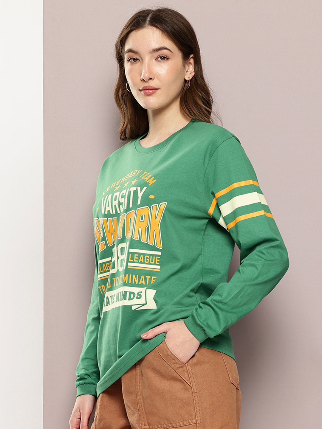Womens Full Sleeve Round Neck Printed Oversized Fit Tshirts