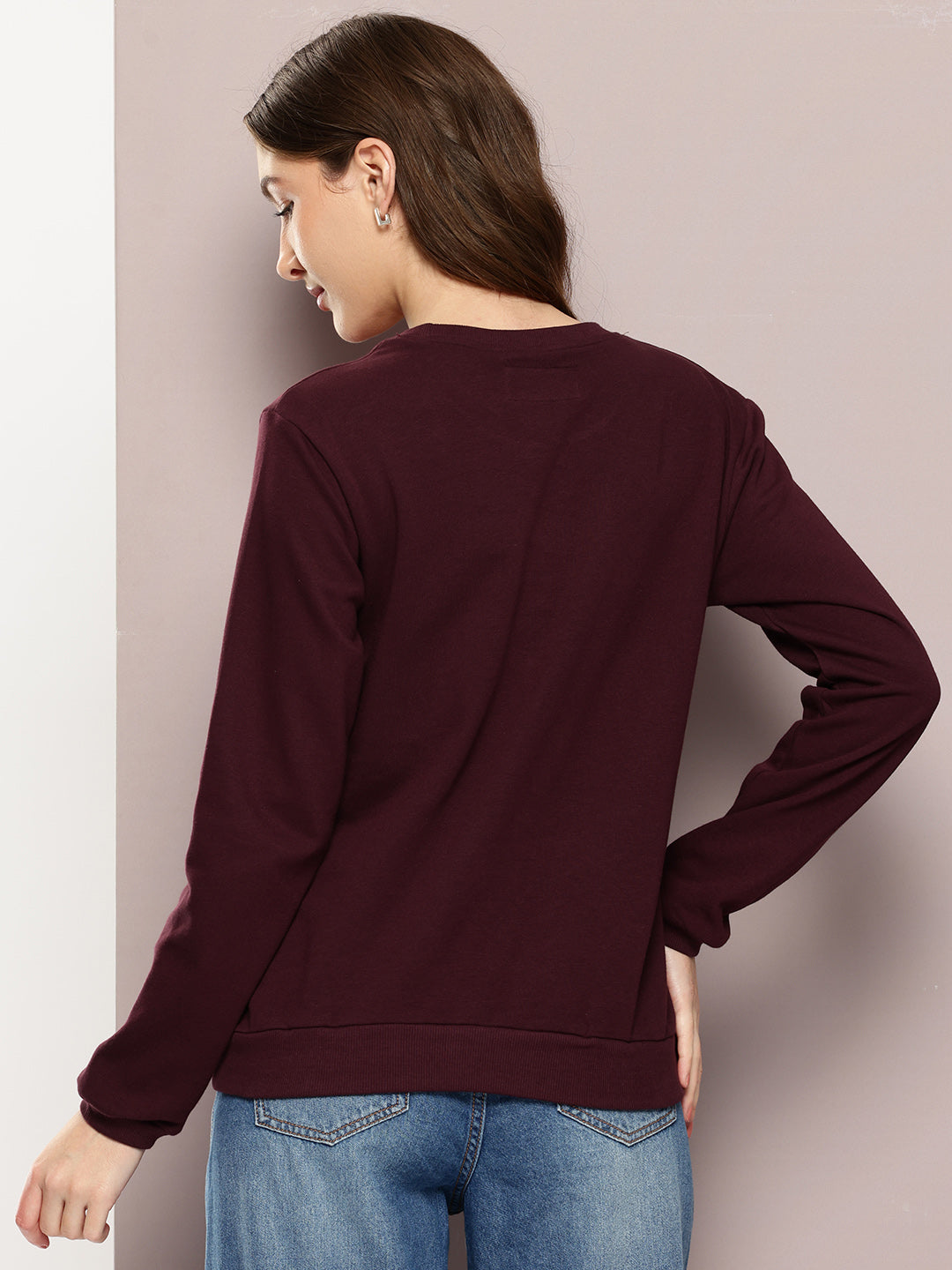 Womens Full Sleeve Round Neck Embellished Relaxed Fit Tshirts
