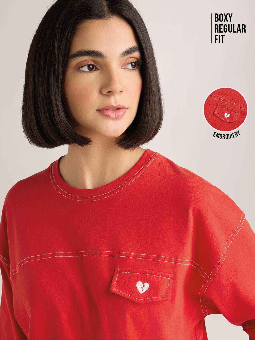 Womens Embroidery Boxy Regular Fit Cut & Sew Cotton Tshirt