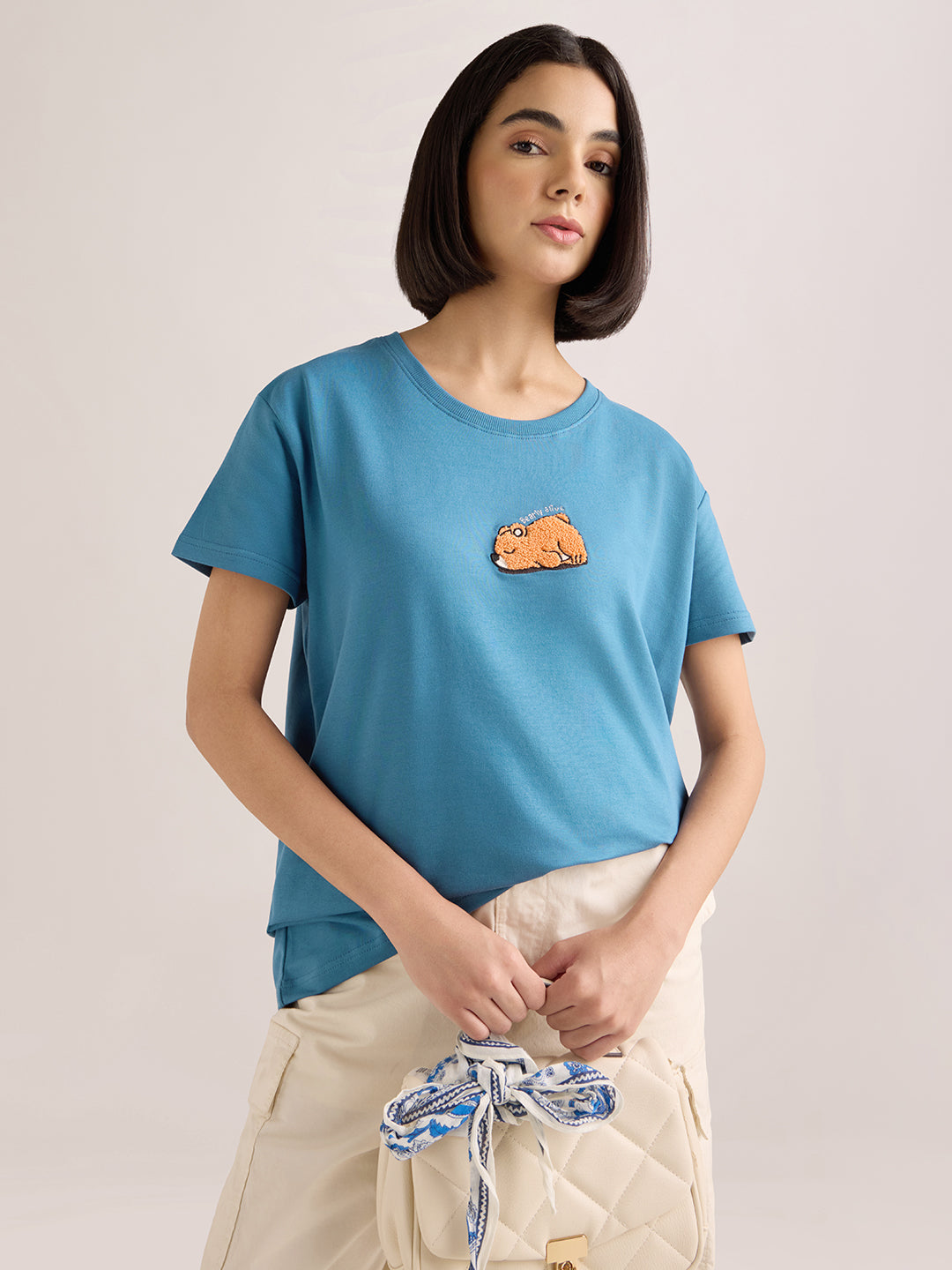 Womens Embroidery Boxy Regular Fit French Terry Cotton Tshirt