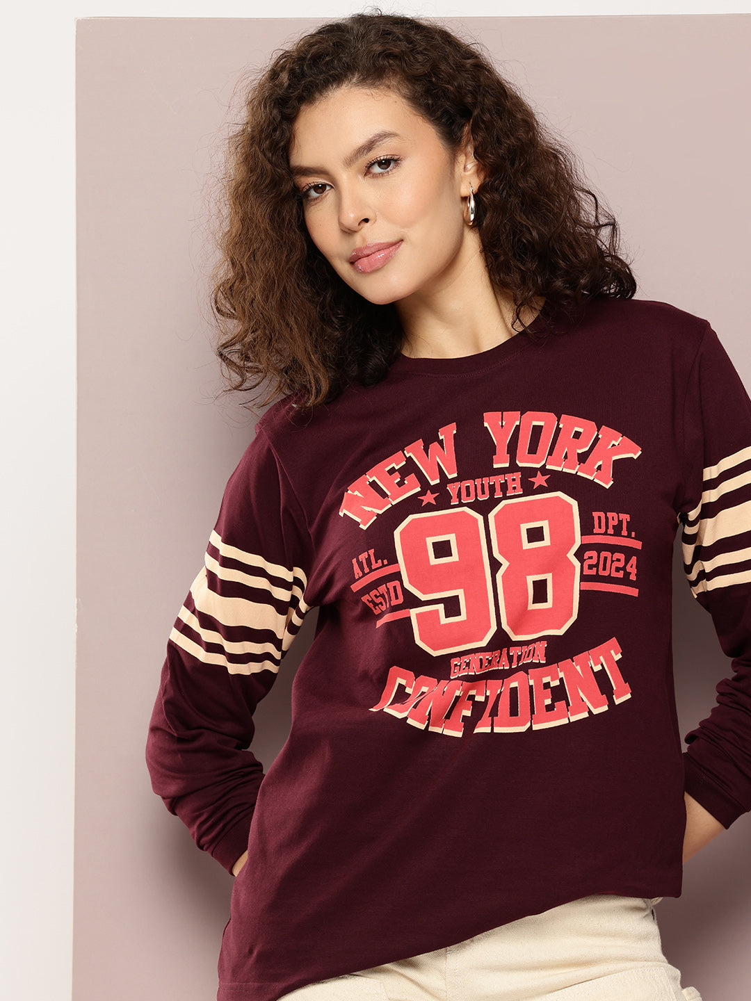 Womens Full Sleeve Round Neck Printed Oversized Fit Tshirts