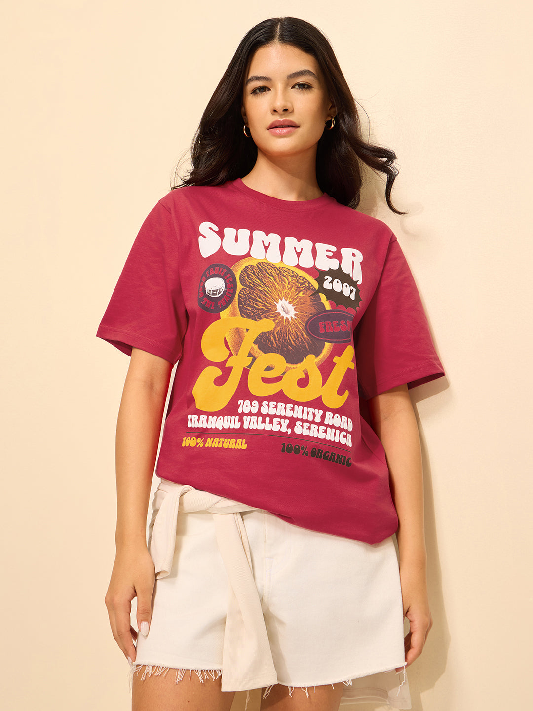Womens Printed Oversized Fit Cotton T-Shirt