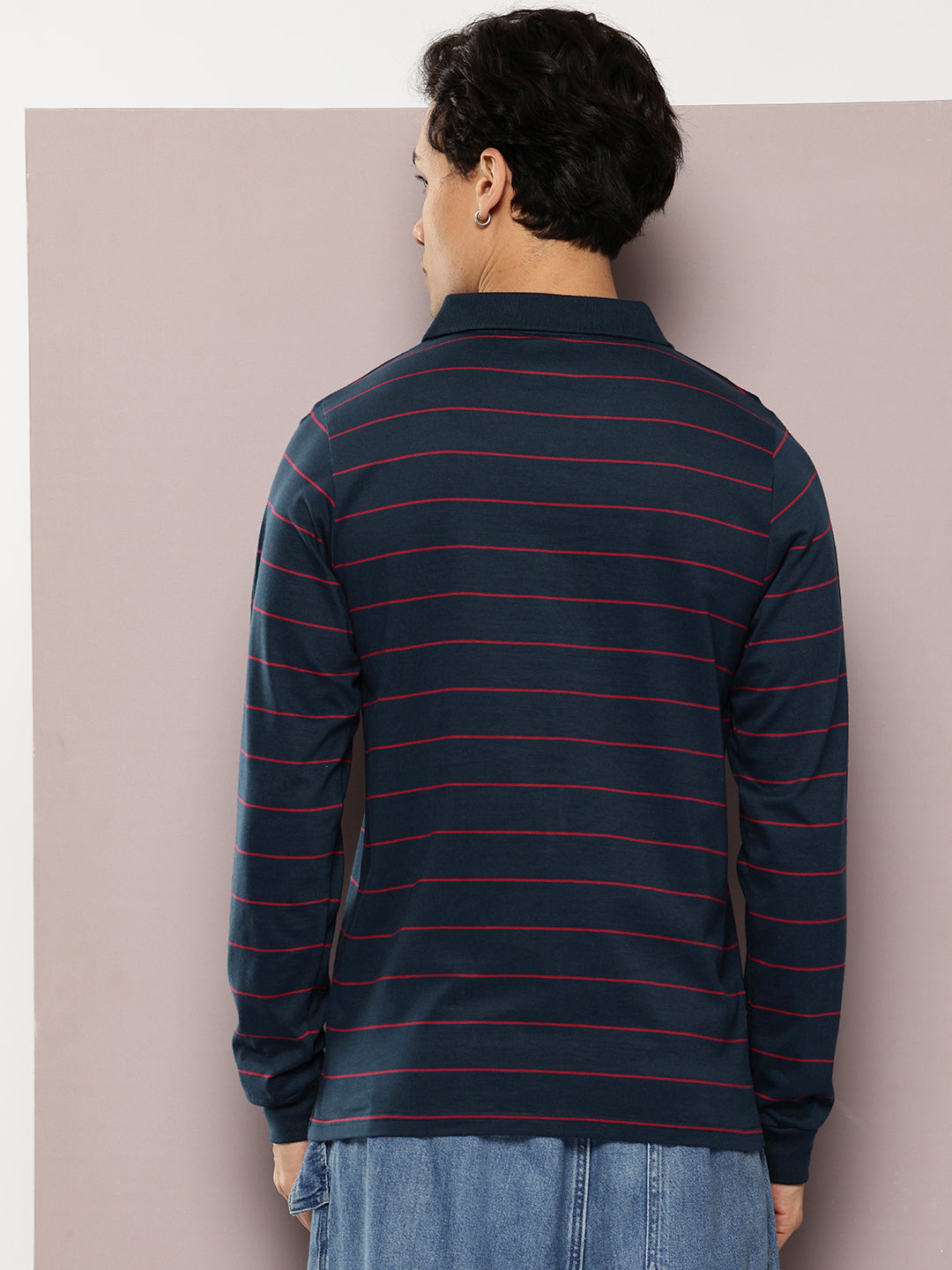 Mens Full Sleeve Polo Neck Striped Regular Fit Tshirts
