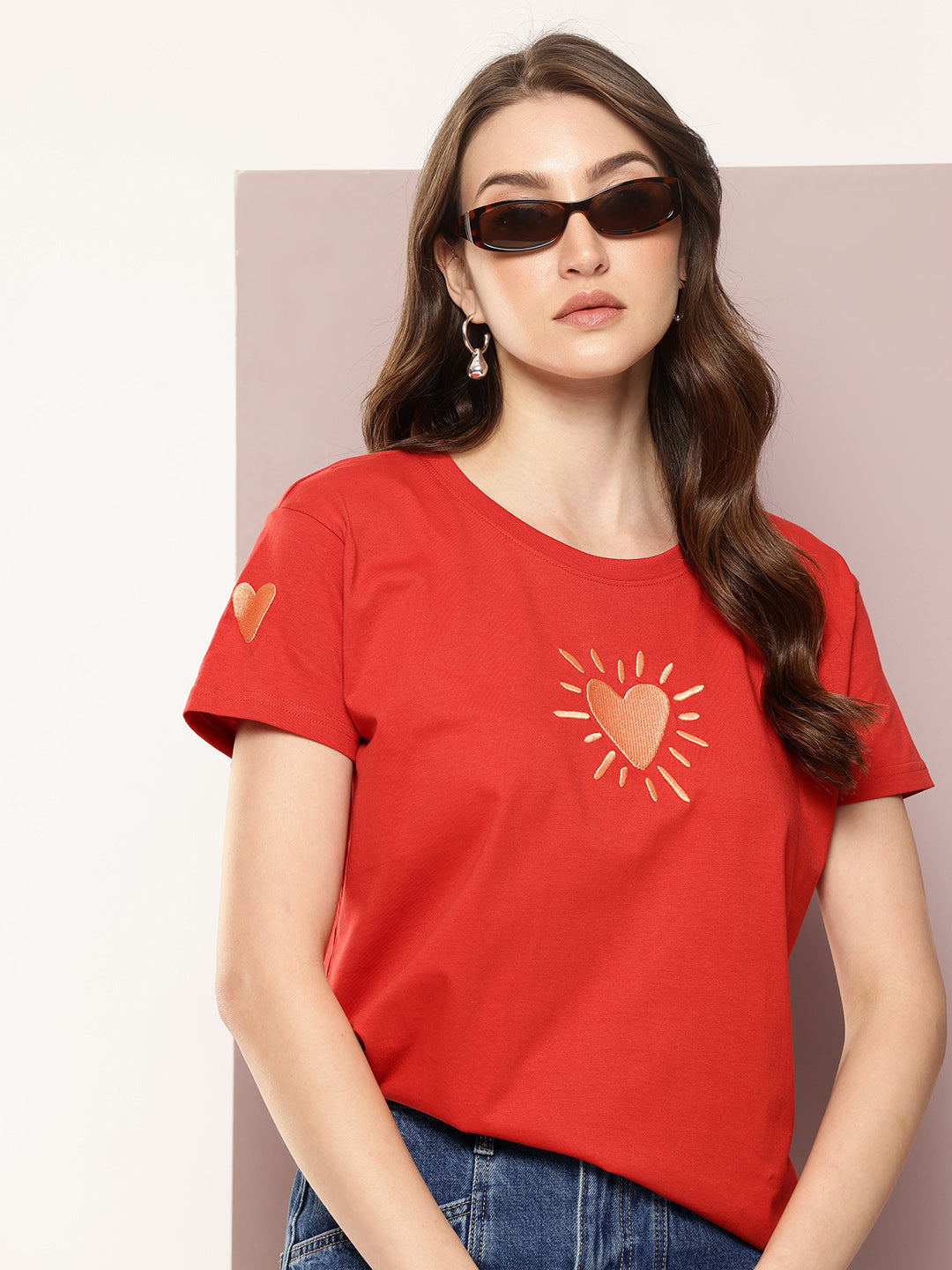 Womens Half Sleeve Round Neck Embroidered Boxy Fit Tshirts