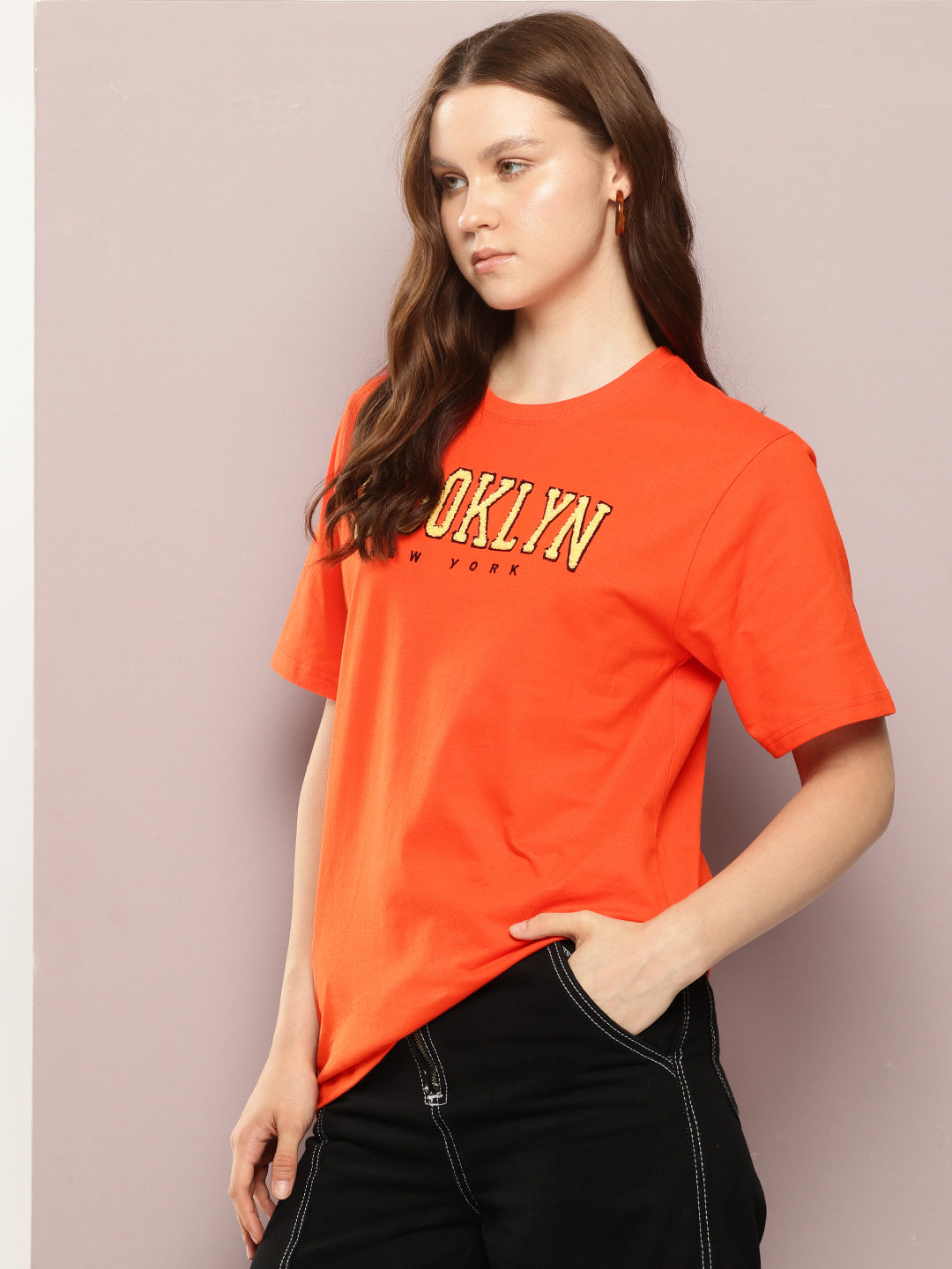 Womens Half Sleeve Round Neck Embroidery Oversized Fit Tshirts