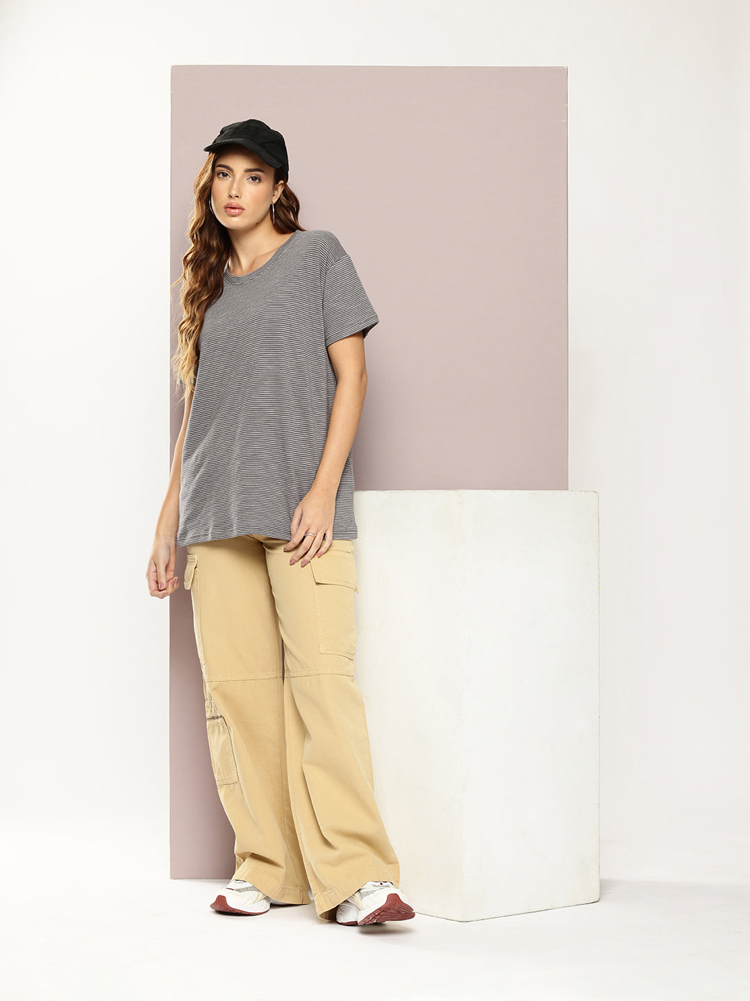 Womens Half Sleeve Round Neck All-Over Striped Boxy Fit Tshirts