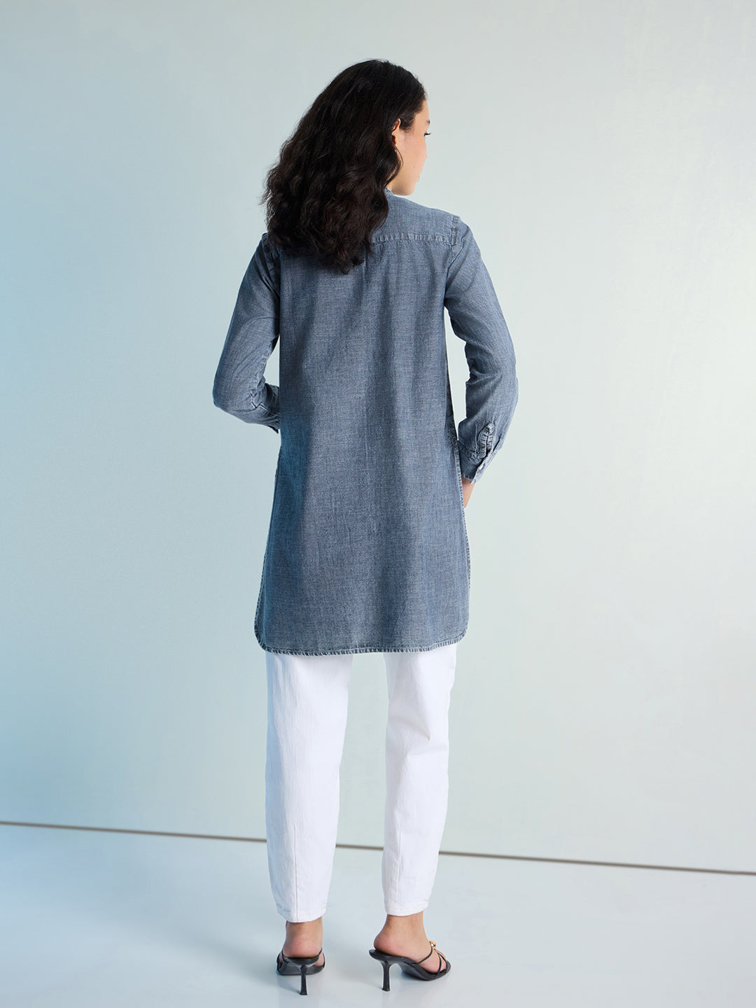 Womens Solid Oxy Bleached Boxy Regular Mandarin Collar Neck Denim Shirt