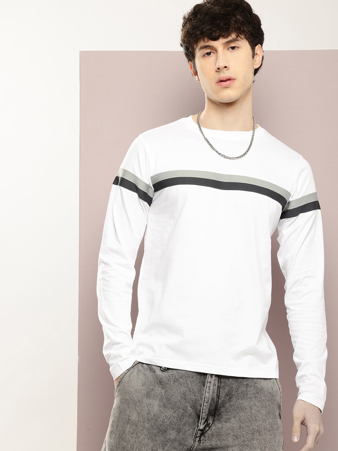 Mens Full Sleeve Round Neck Striped Regular Fit Tshirts
