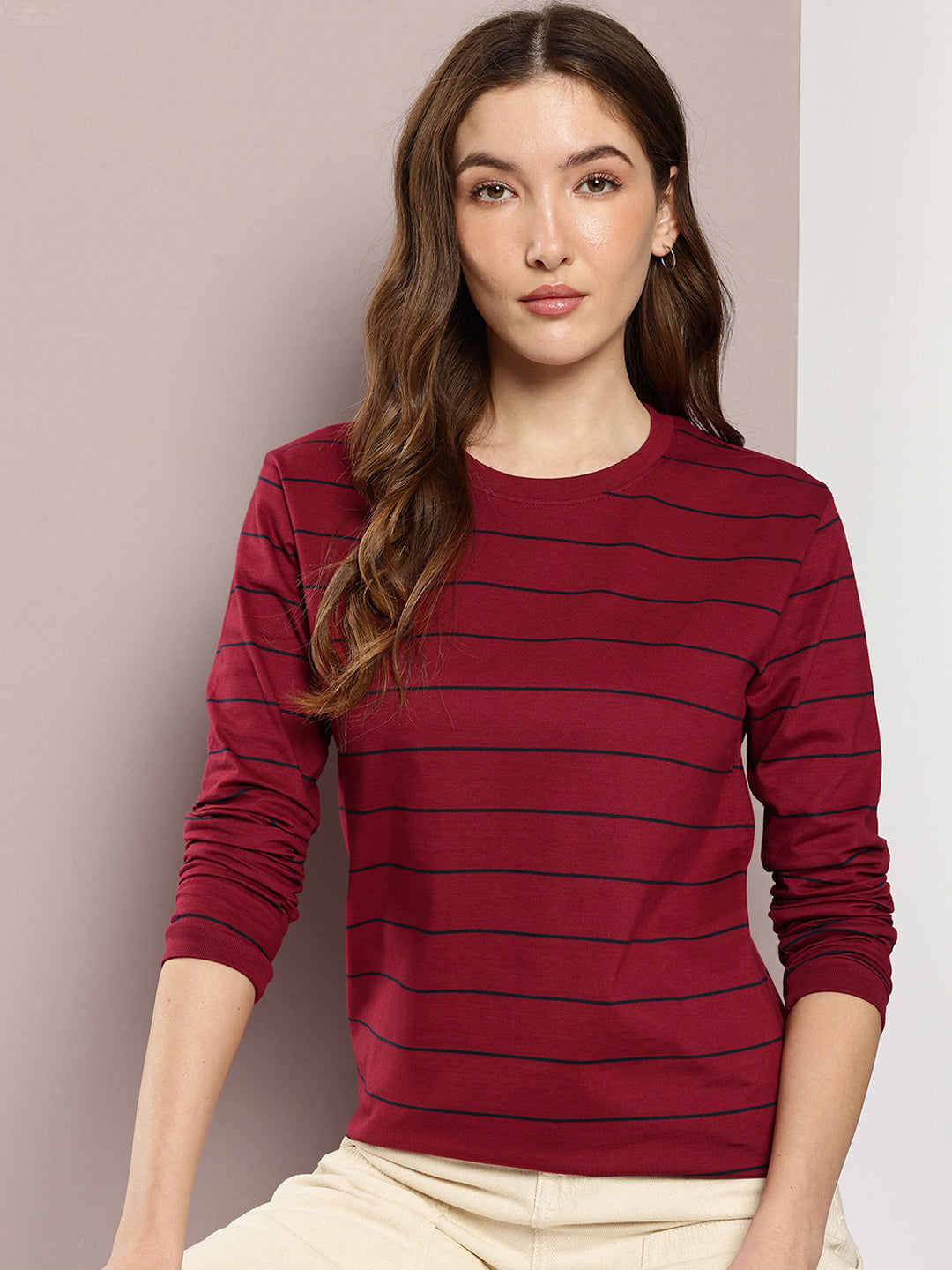 Womens Full Sleeve Round Neck Striped Regular Fit Tshirts