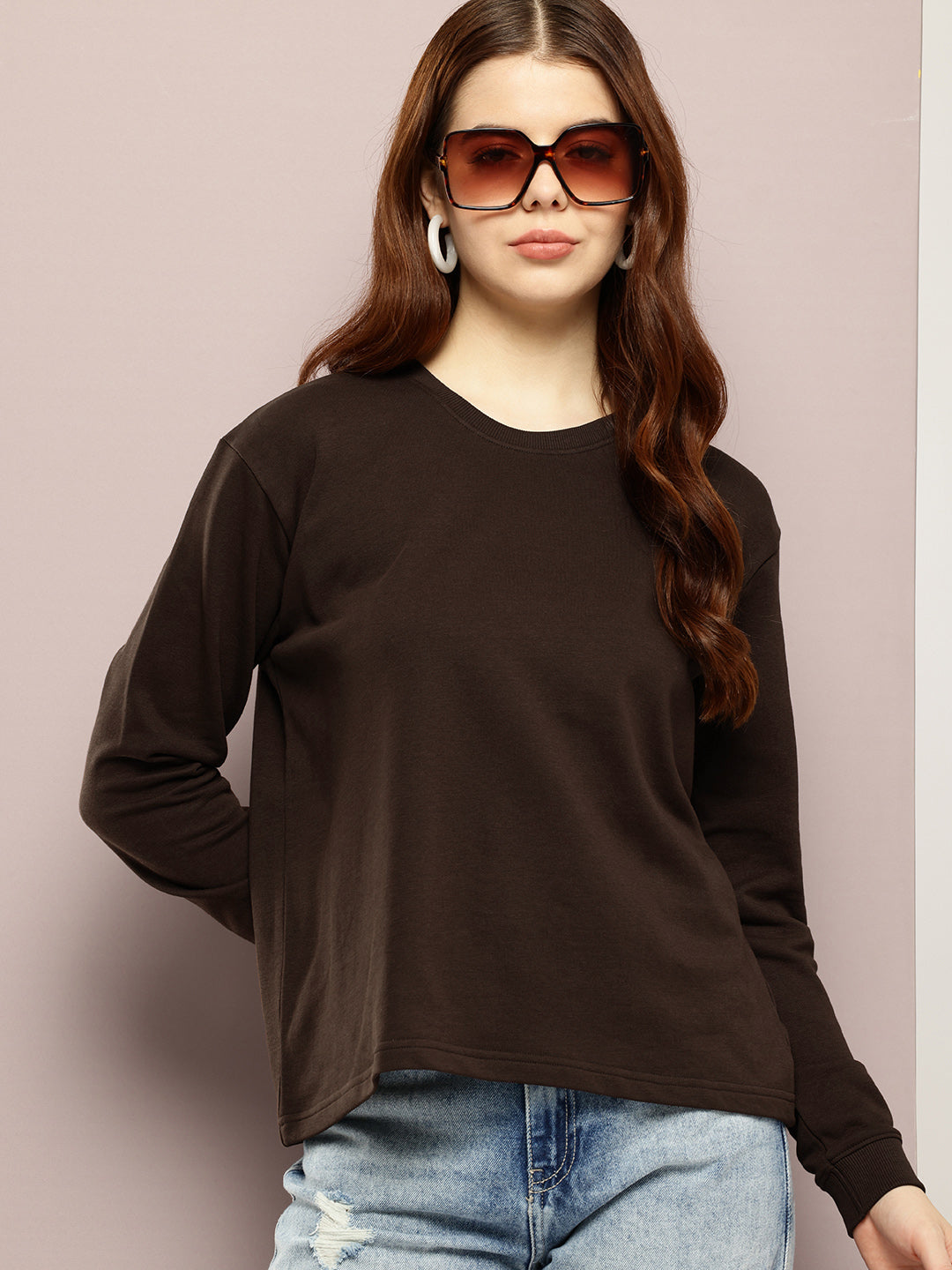 Womens Full Sleeve Round Neck Solid Boxy Fit Tshirts