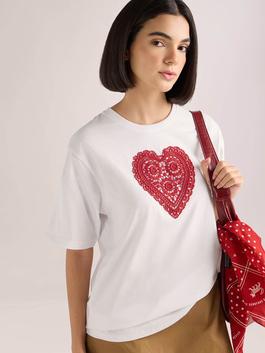 Womens Laces Detailed Oversized Round Neck Cotton Tshirt