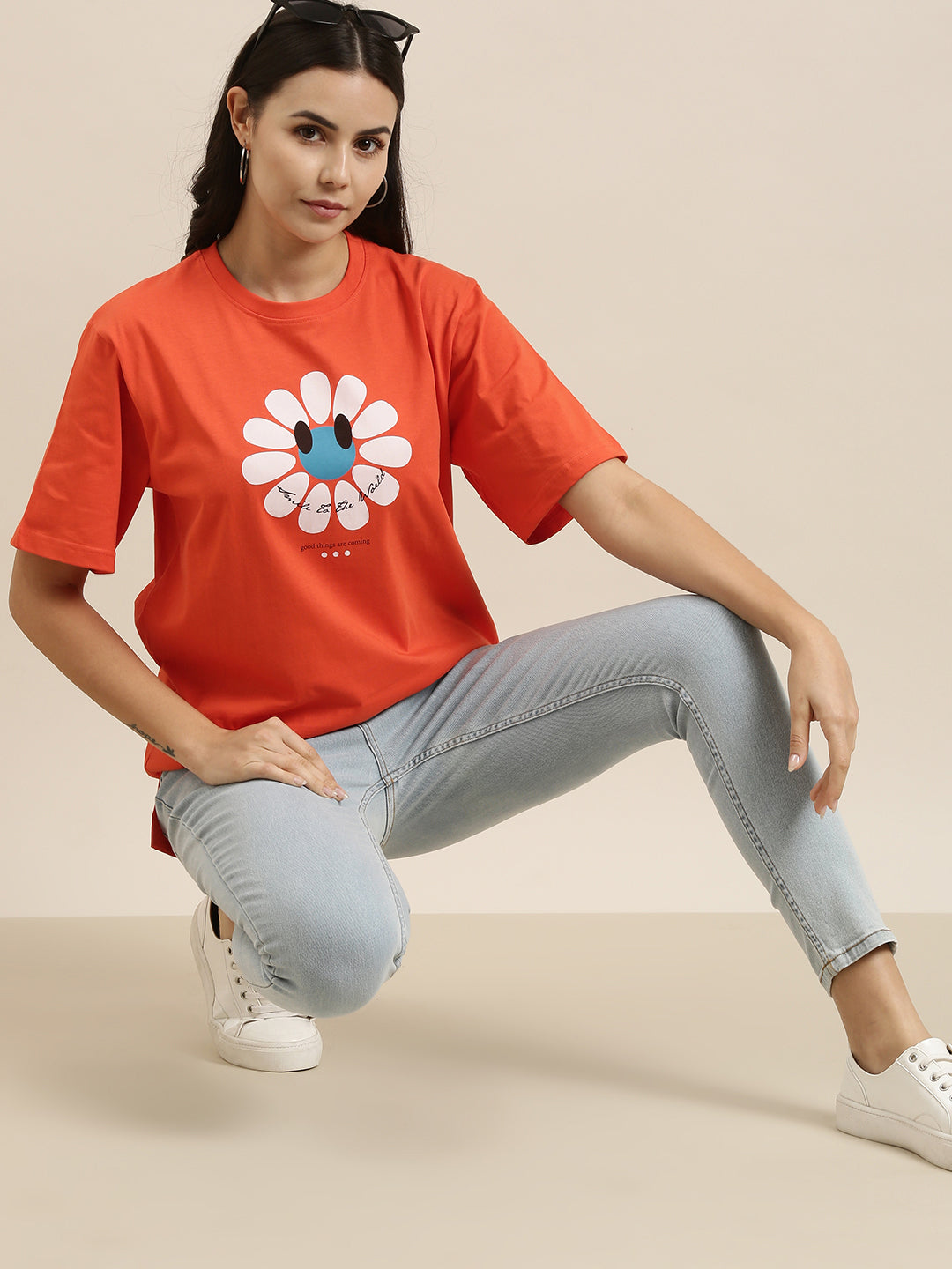 Womens Short Sleeve Round Neck Oversized Fit Tshirt