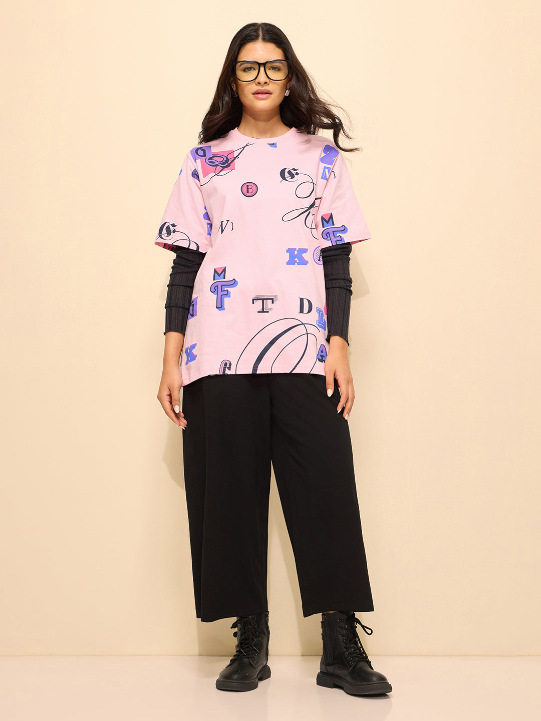 Womens All Over Printed Oversized Fit Cotton T-Shirt