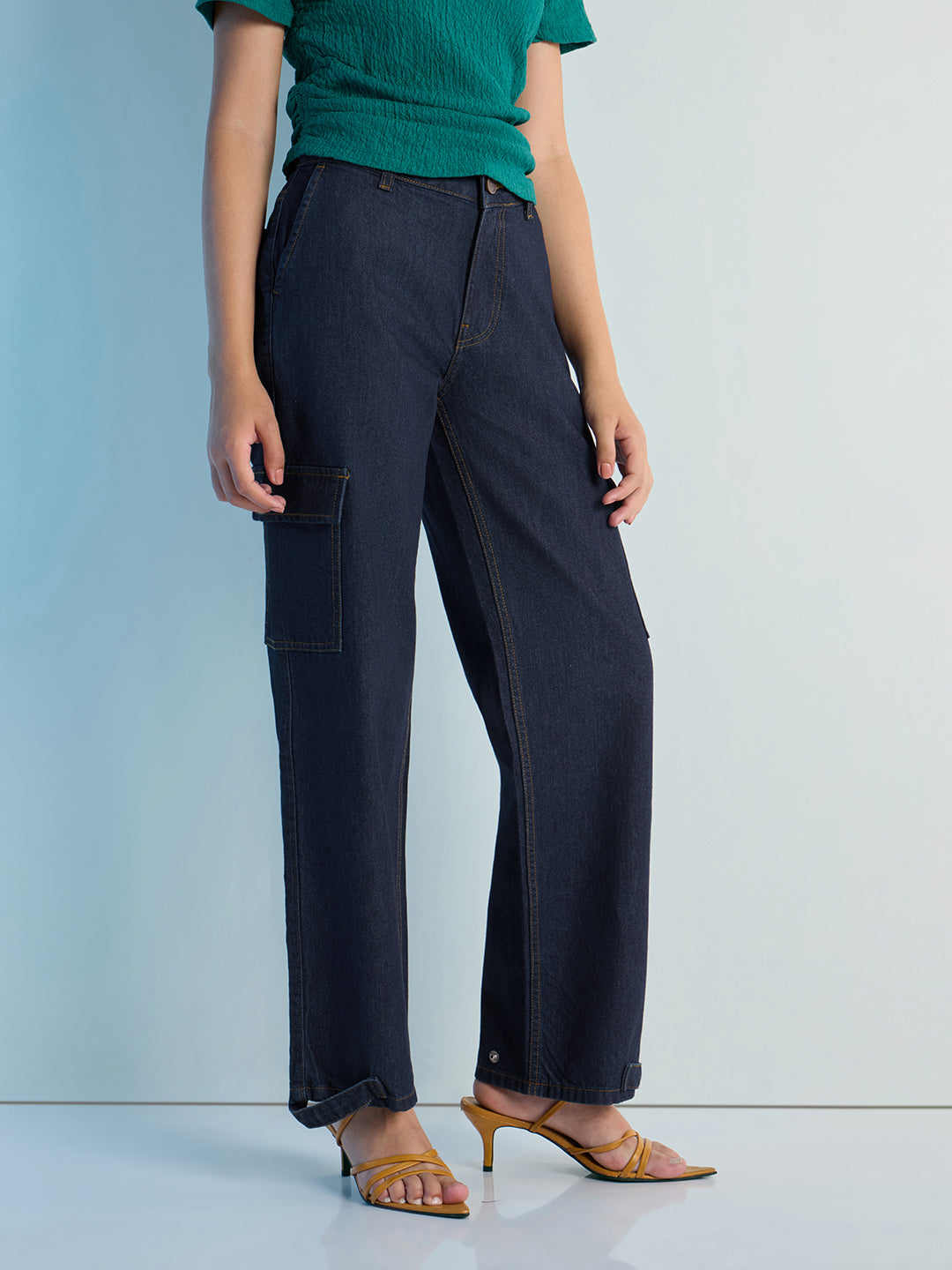 Womens Straight Fit Cargo Denim Jeans Pant