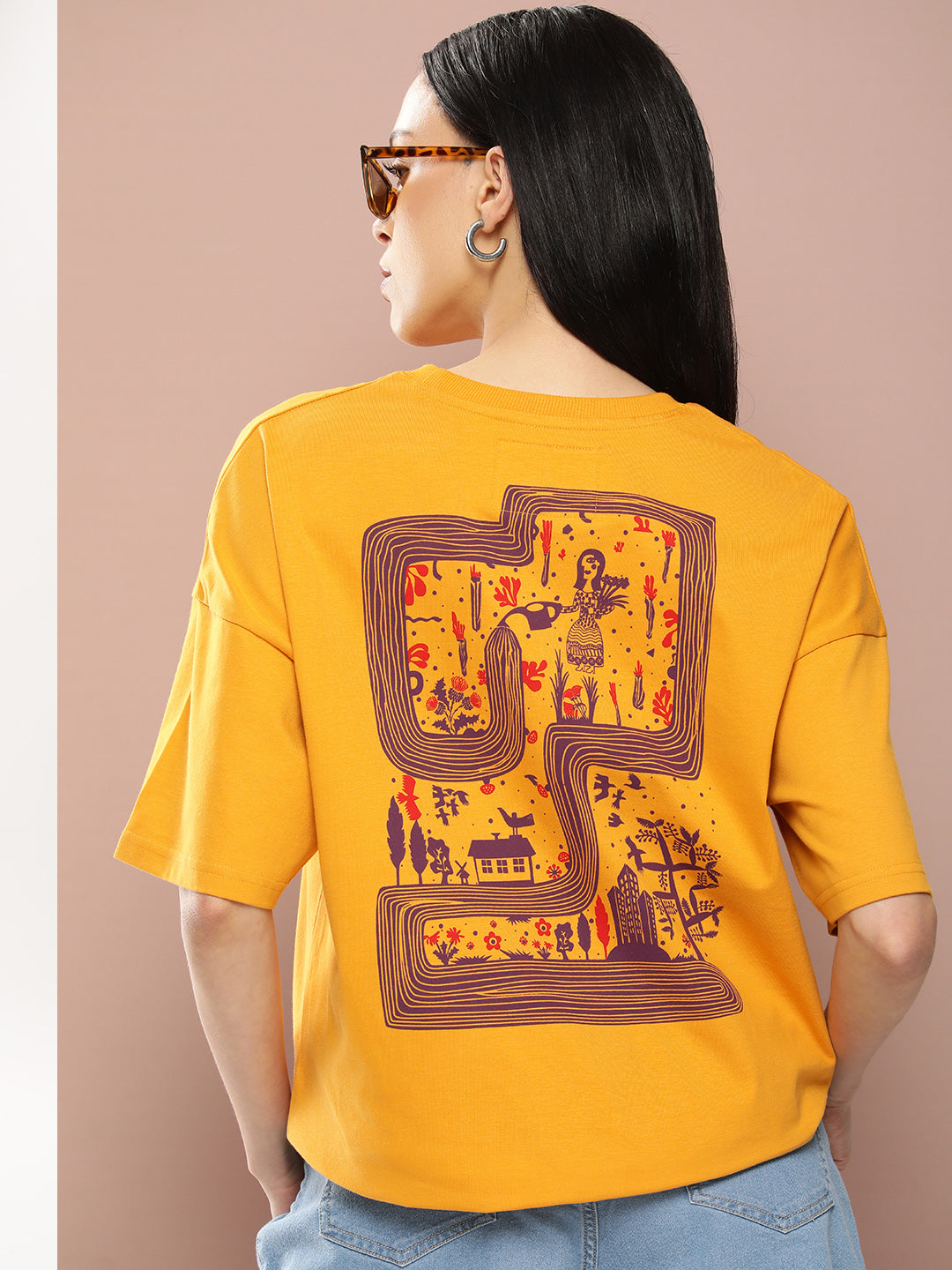 Womens Half Sleeve Drop Shoulder Printed Oversized Fit T-Shirts