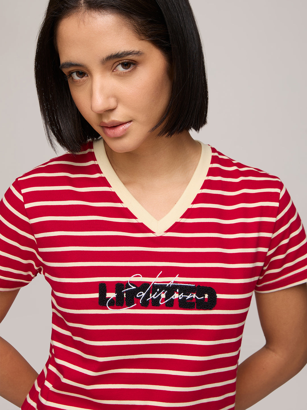 Womens Striped Regular Fit Cotton V-Neck T-Shirt