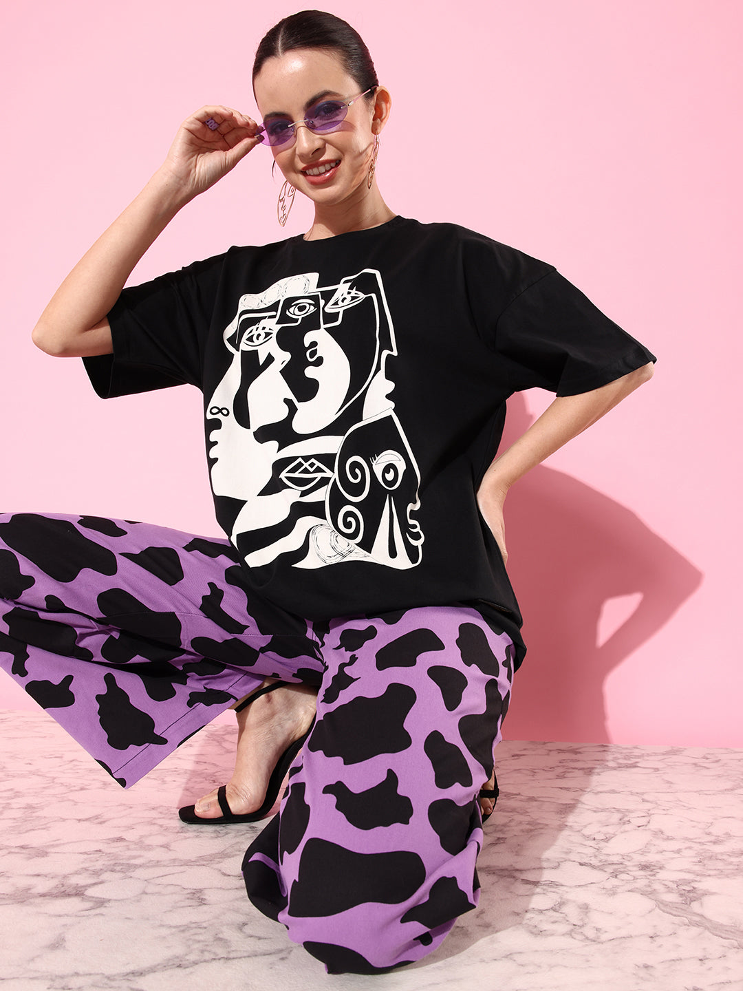 Womens Half Sleeve Drop Shoulder Printed Oversized Fit T-Shirts