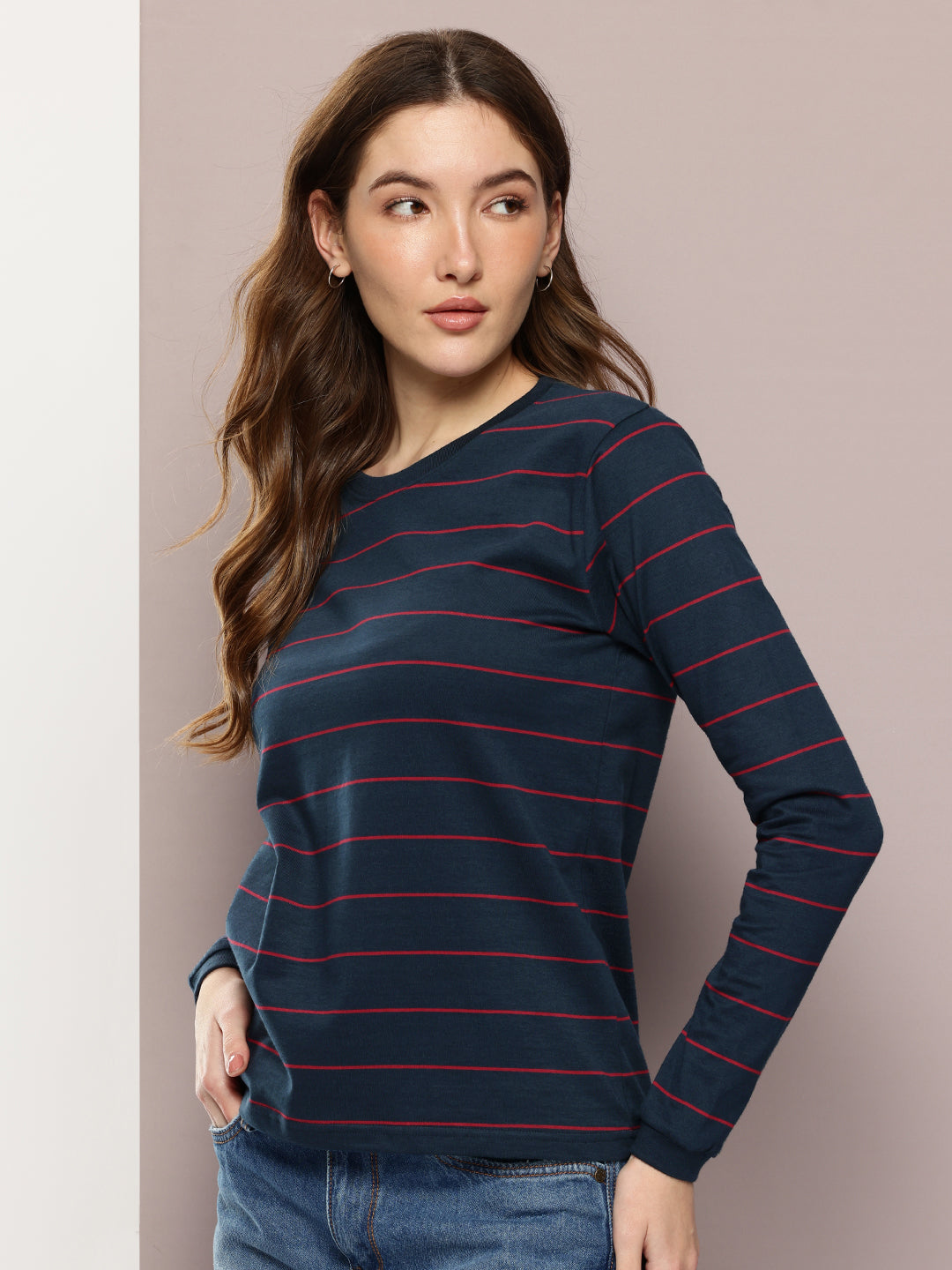 Womens Full Sleeve Round Neck Striped Regular Fit Tshirts