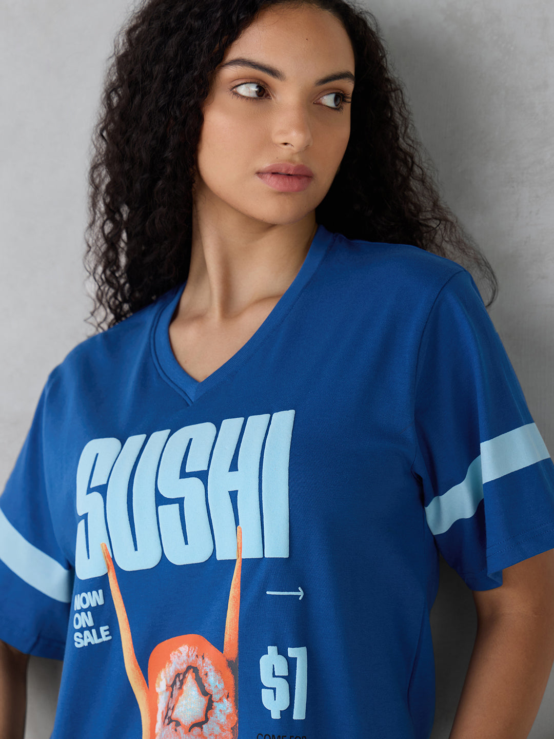 Womens Half Sleeve Puff Printed Oversized Fit V-Neck Tshirt