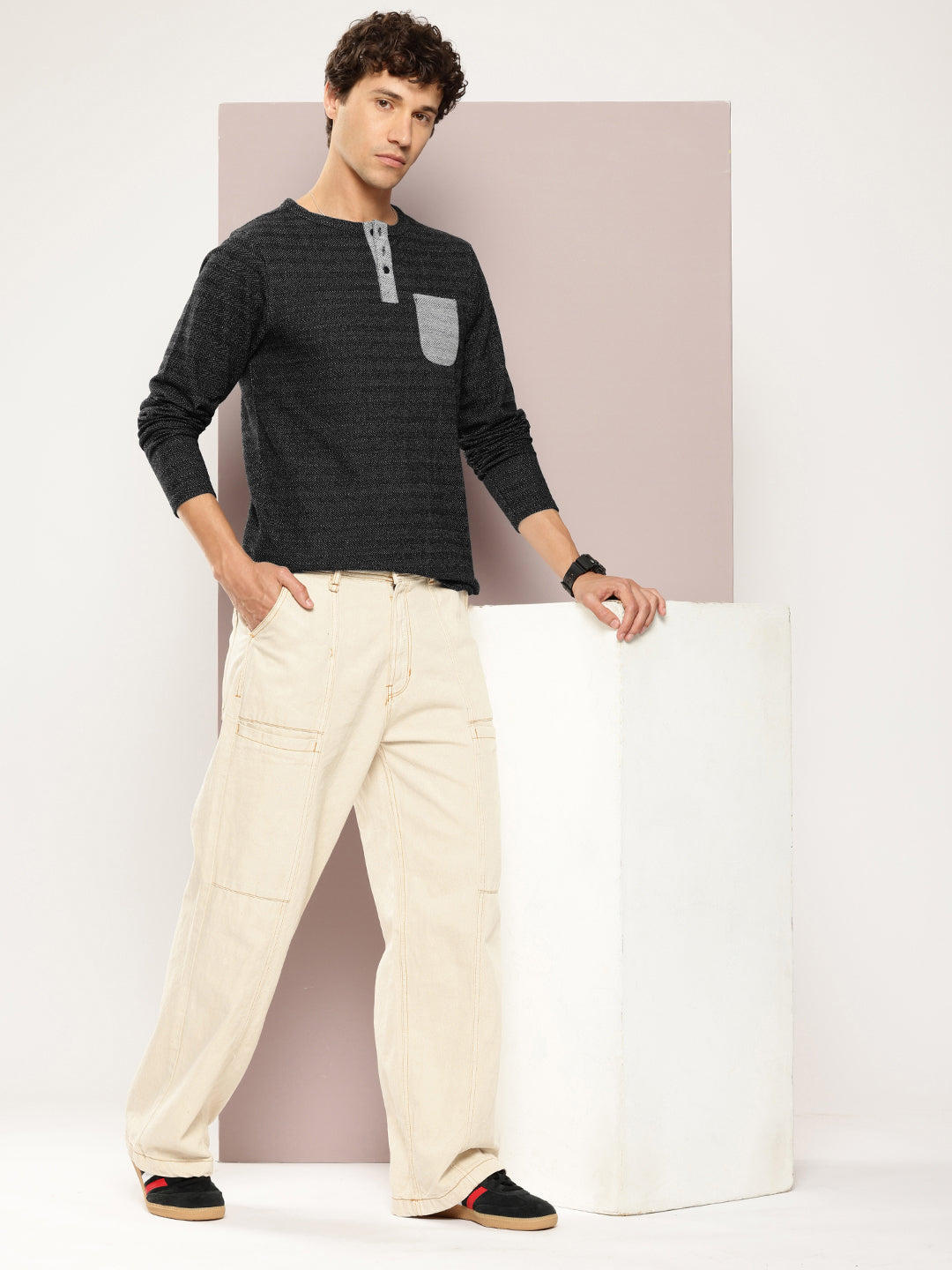 Mens Full Sleeve Henley Neck All-Over Striped Regular Fit Tshirts