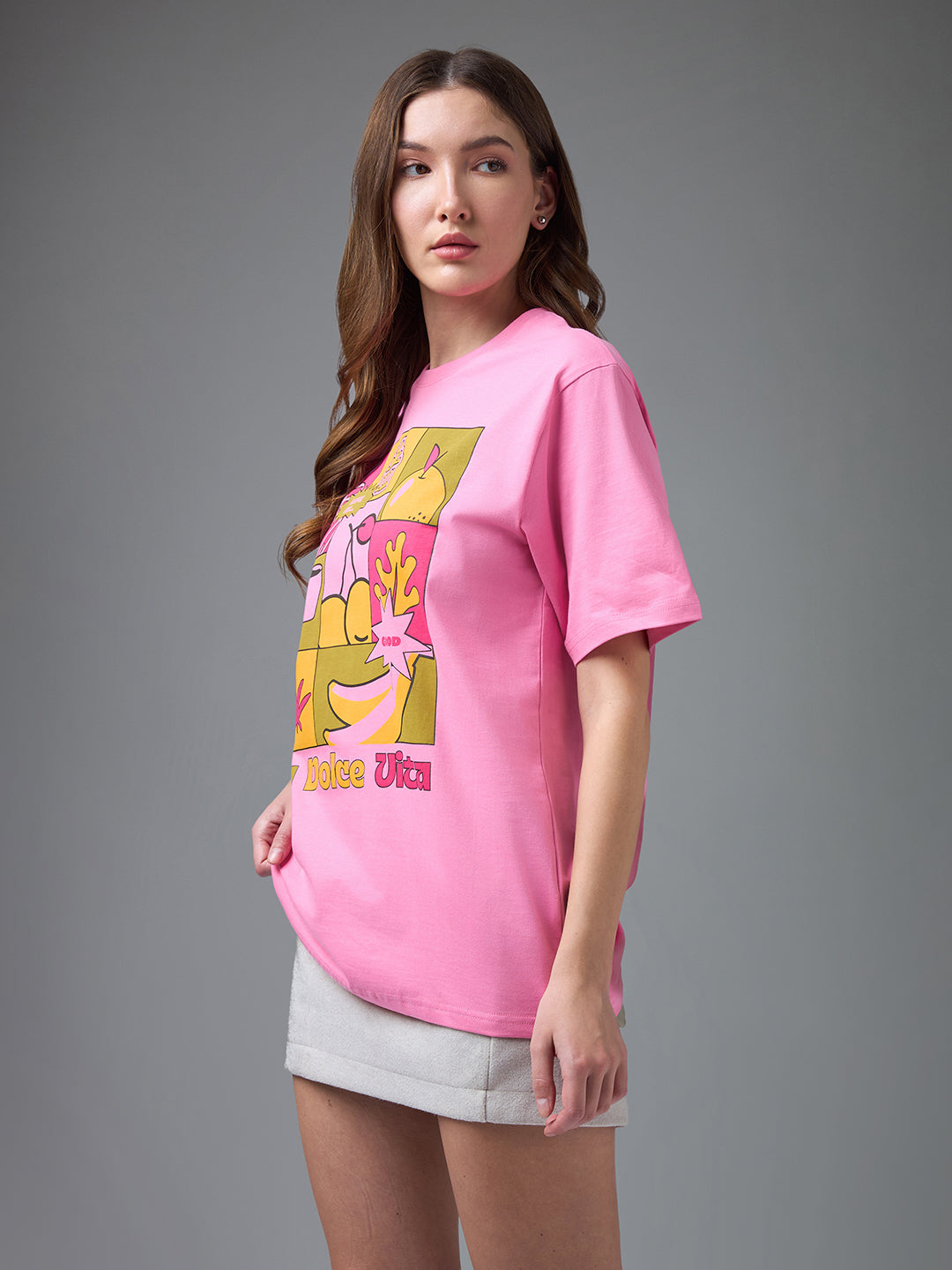 Womens Printed Round Neck Oversized Fit Tshirt