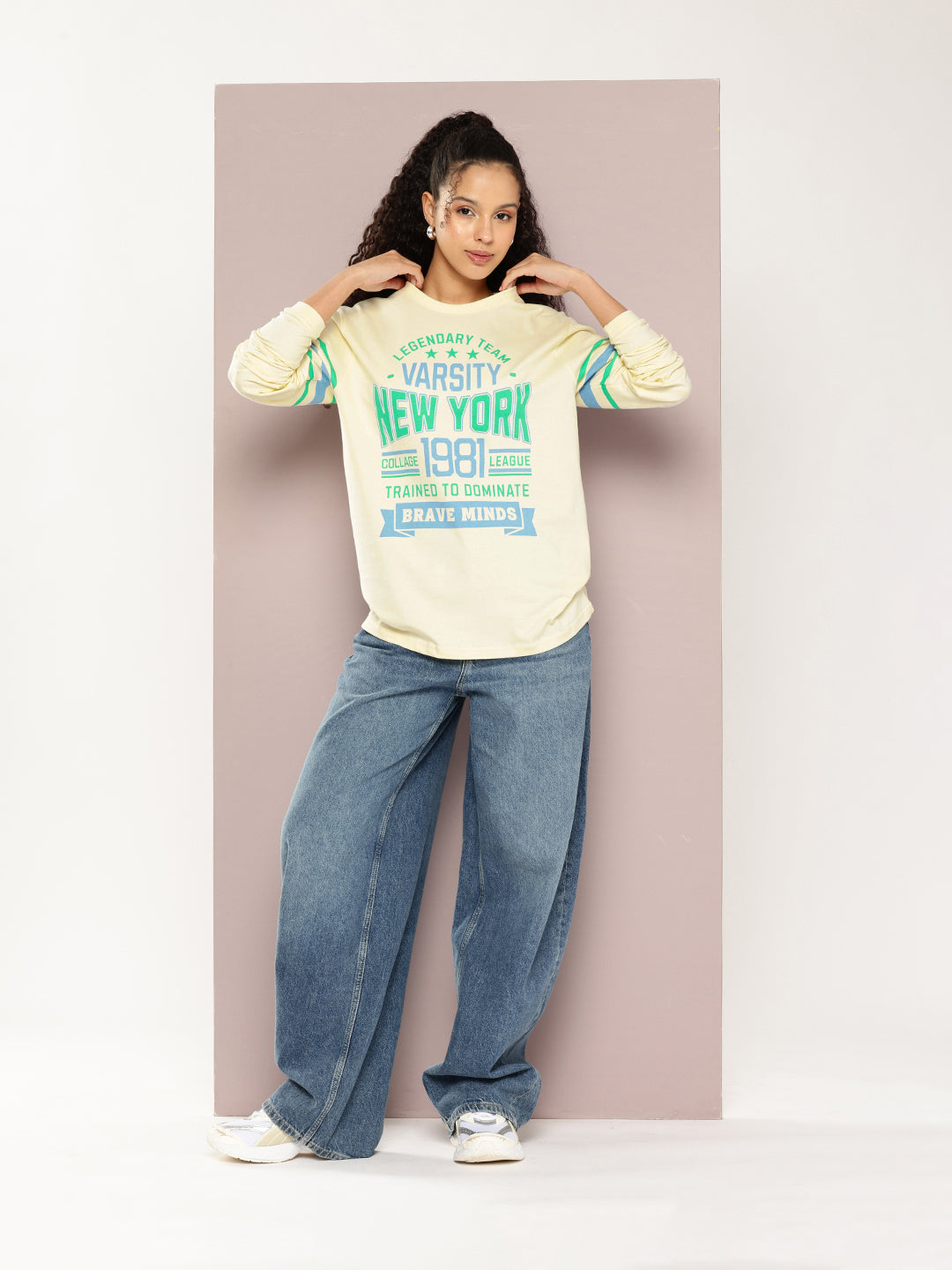 Womens Full Sleeve Round Neck Printed Oversized Fit Tshirts