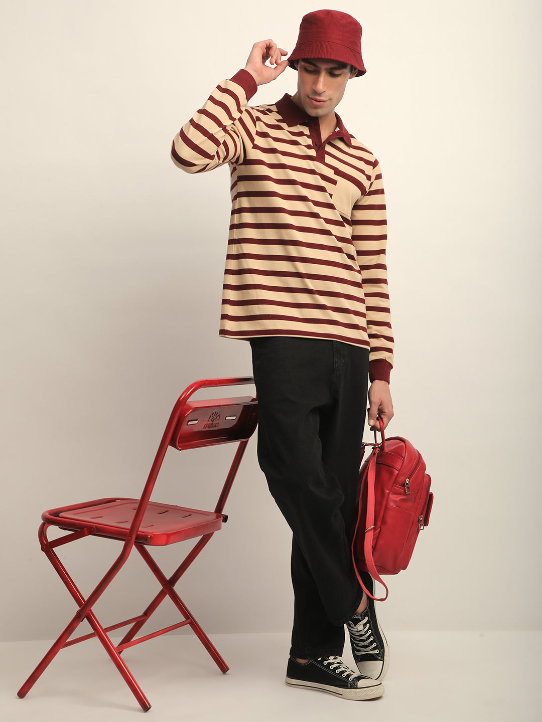 Mens Full Sleeve Polo Neck All-Over Striped Regular Fit Tshirts